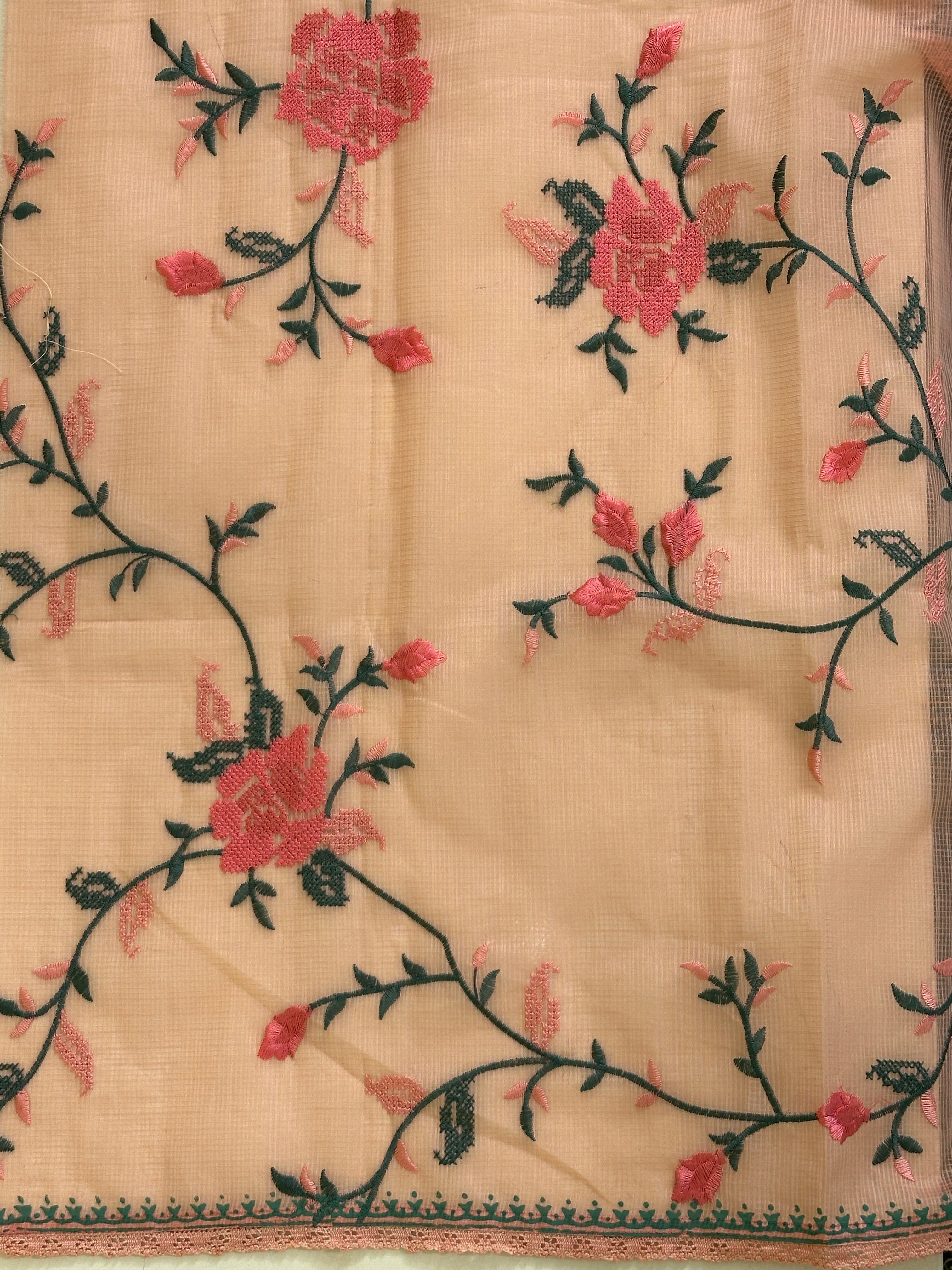 Zigzag & Floral Jaal Embroidered Muga Check Organza Saree | JSC147