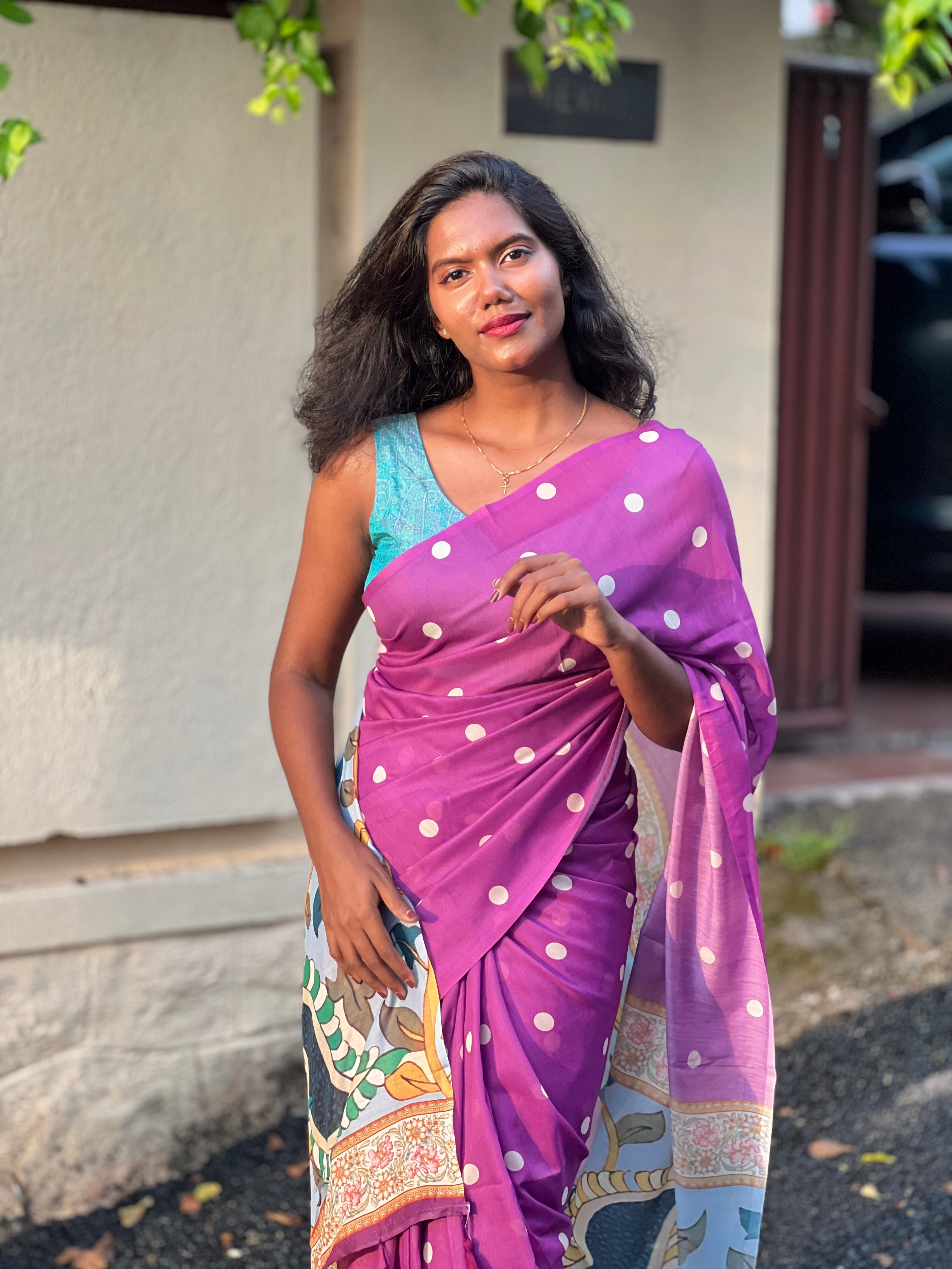 Polka Printed Mul Cotton Saree | HT283