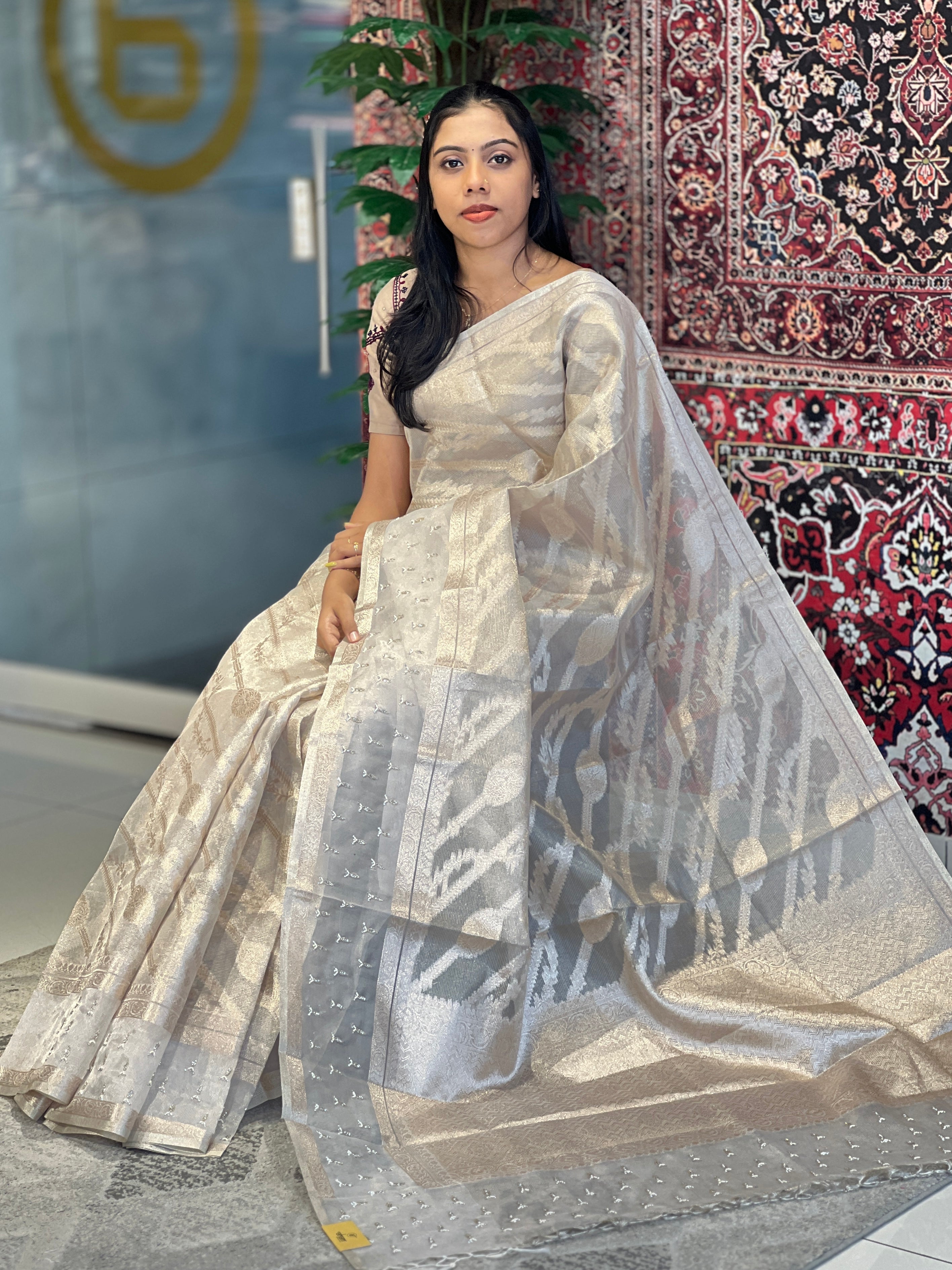 Zari Weaving With Beads & Stone Detailed Tissue Organza Saree | SHC205