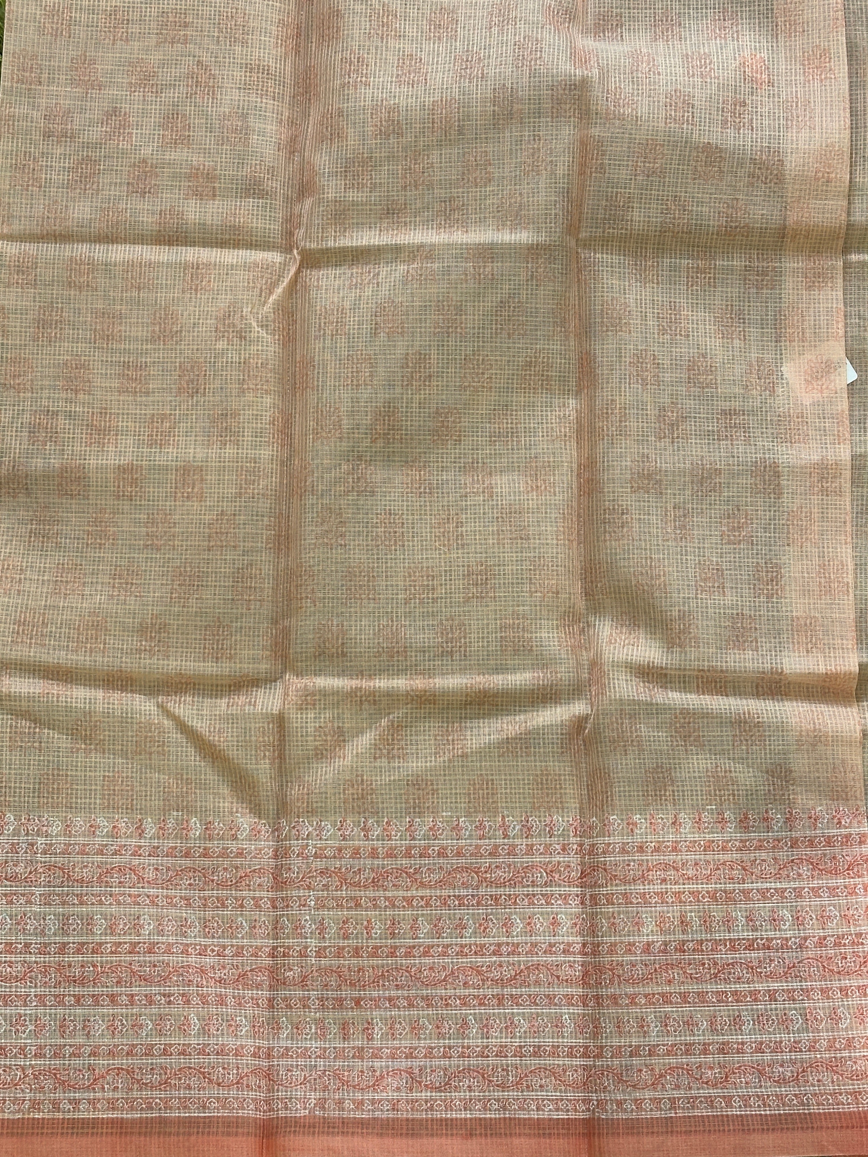 Hand Block Printed Muga Check Organza Saree | JSC123