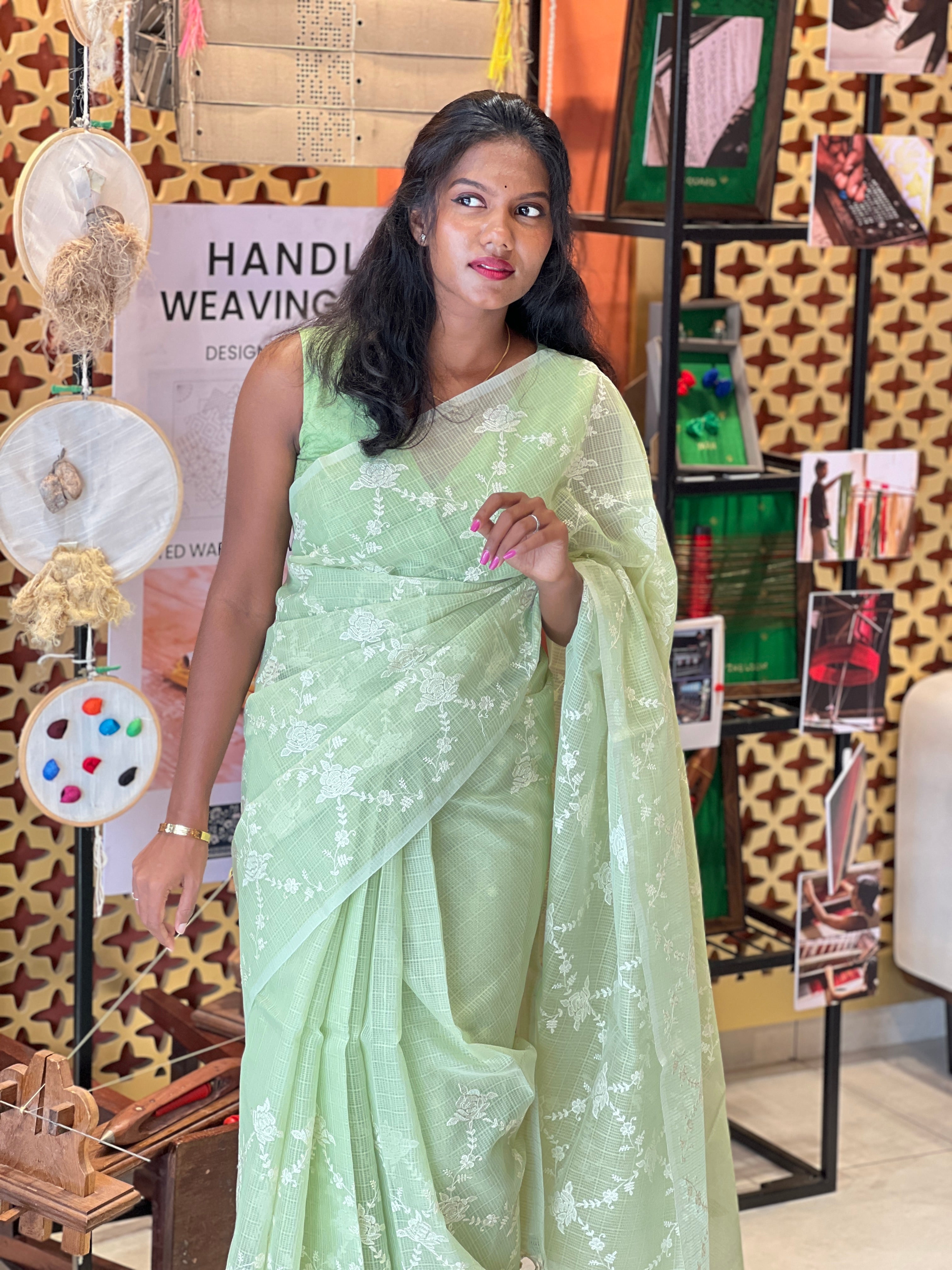 Floral Machine Embroidered Check Organza Saree | PKS104