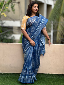 Indigo Printed Bhagalpuri Linen Saree | BLD271