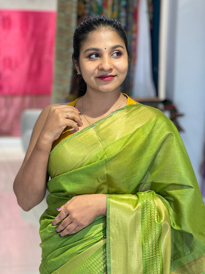 Golden Zari Detailed Bhagalpuri Linen Saree | NHH477