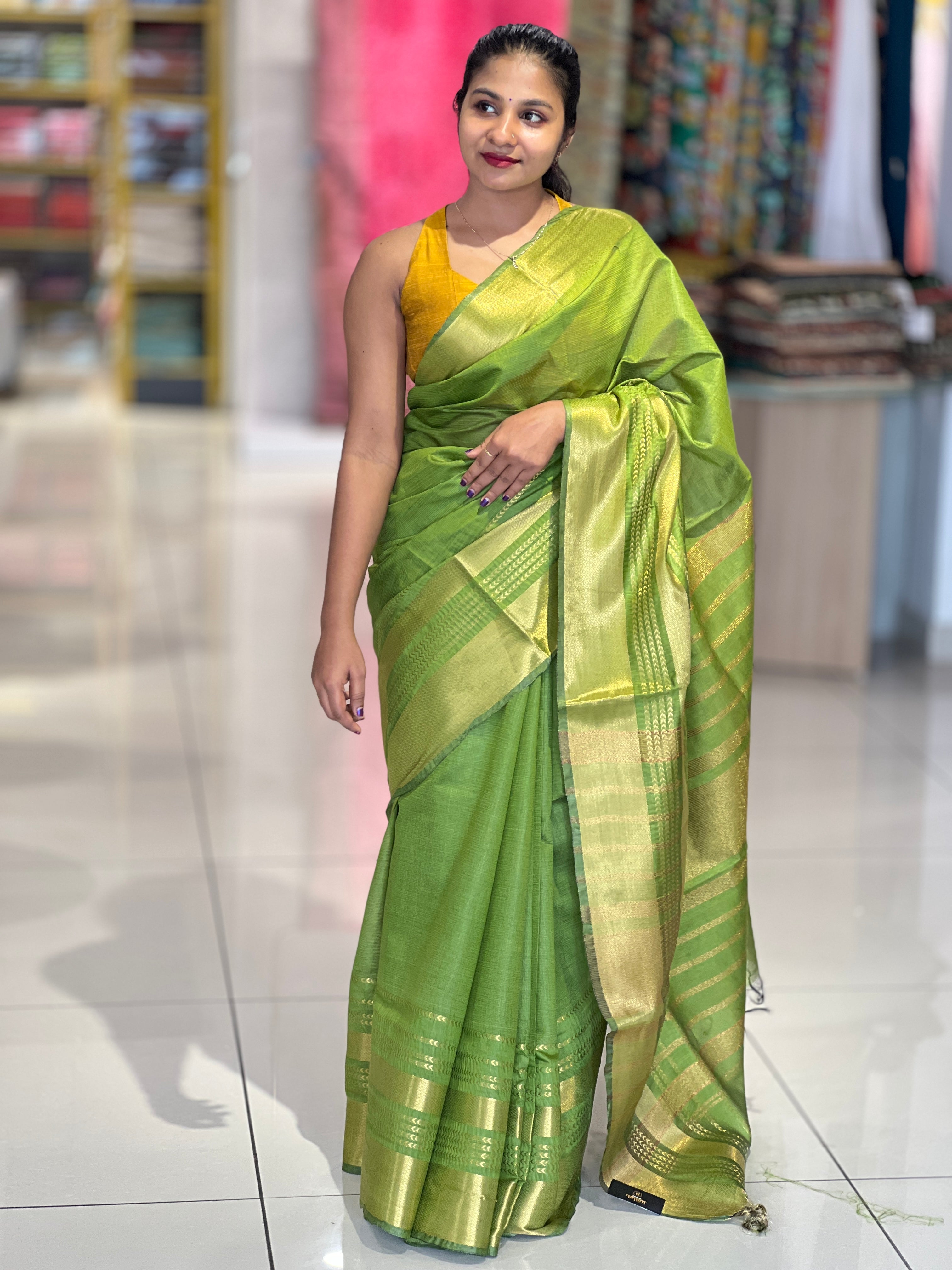 Golden Zari Detailed Bhagalpuri Linen Saree | NHH477