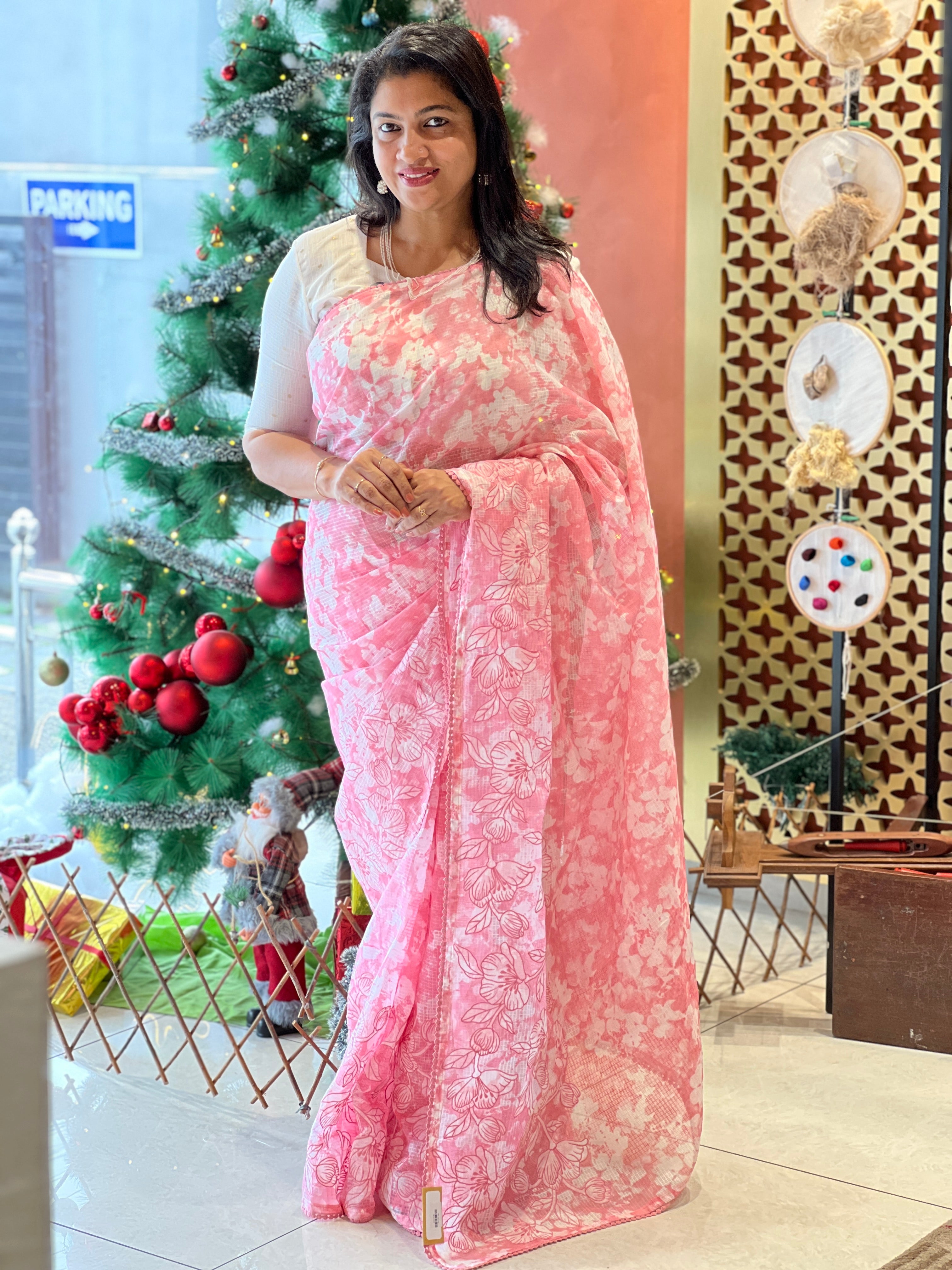 Print With Floral Applique Work Detailed Kota Saree | BLD1306