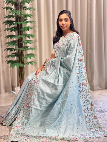 Floral Machine Embroidery Semi Tussar Saree | DVS216