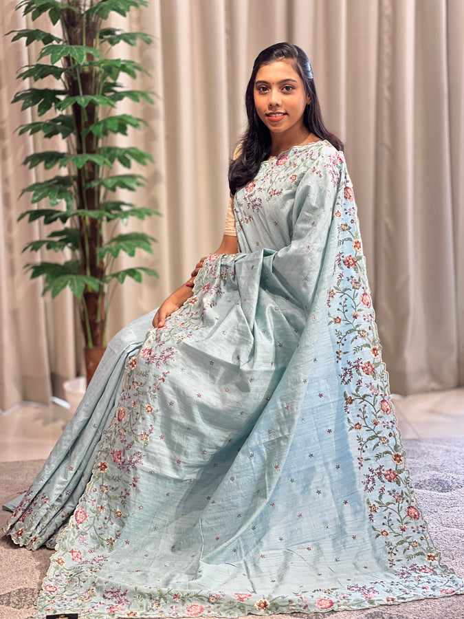 Floral Machine Embroidery Semi Tussar Saree | DVS216