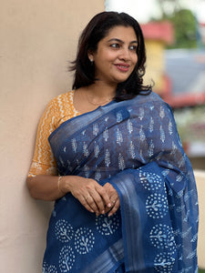 Indigo Printed Bhagalpuri Linen Saree | BLD277