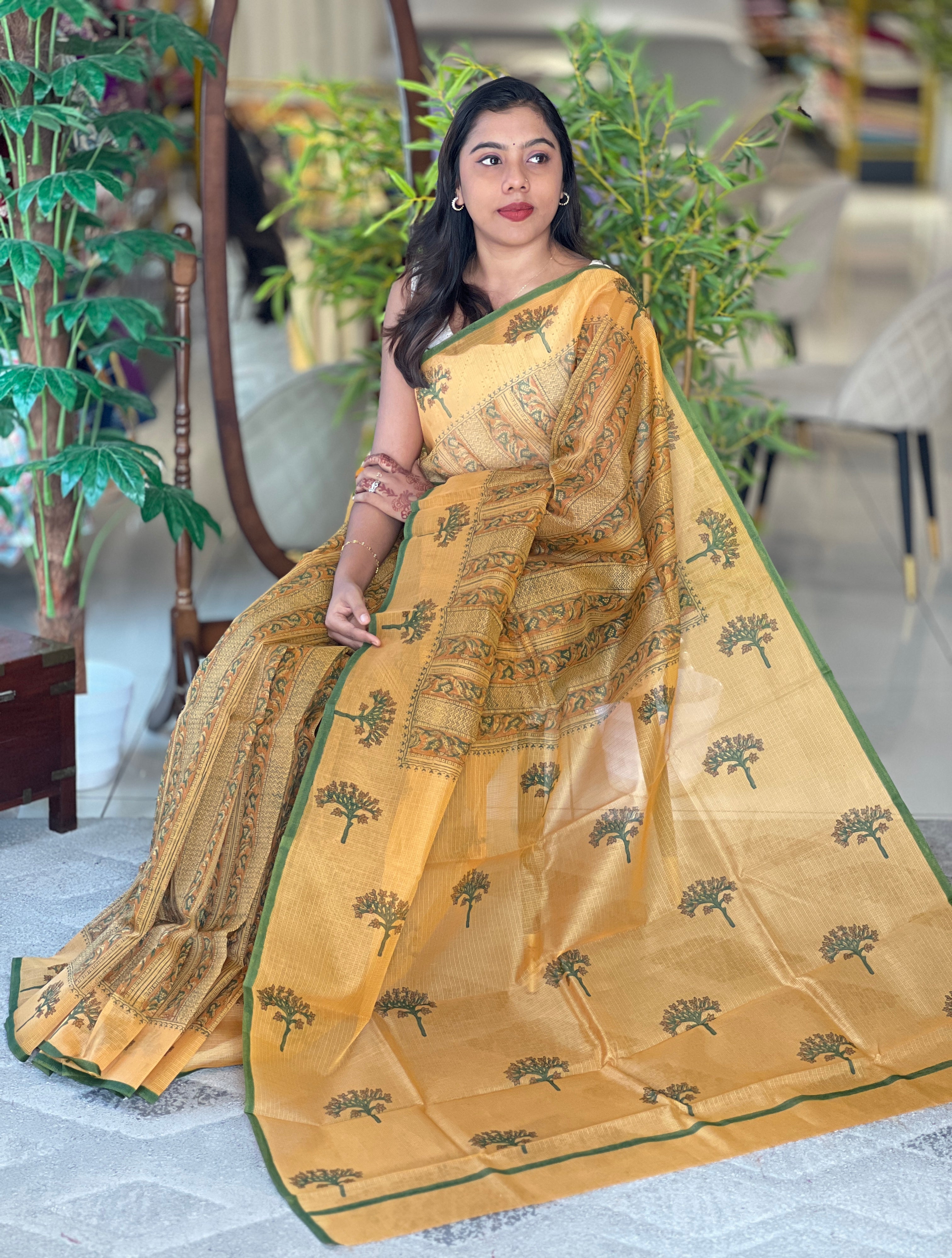 Floral Striped Hand Block Printed Kota Saree |JSC640
