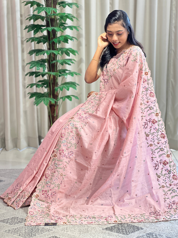 Floral Machine Embroidery Semi Tussar Saree | DVS217