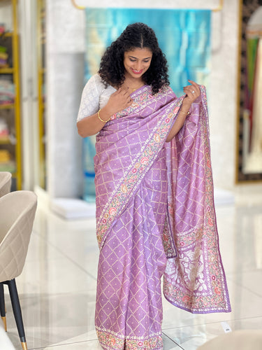 Multicolor Floral Embroidery Border Tussar Saree | SBS796