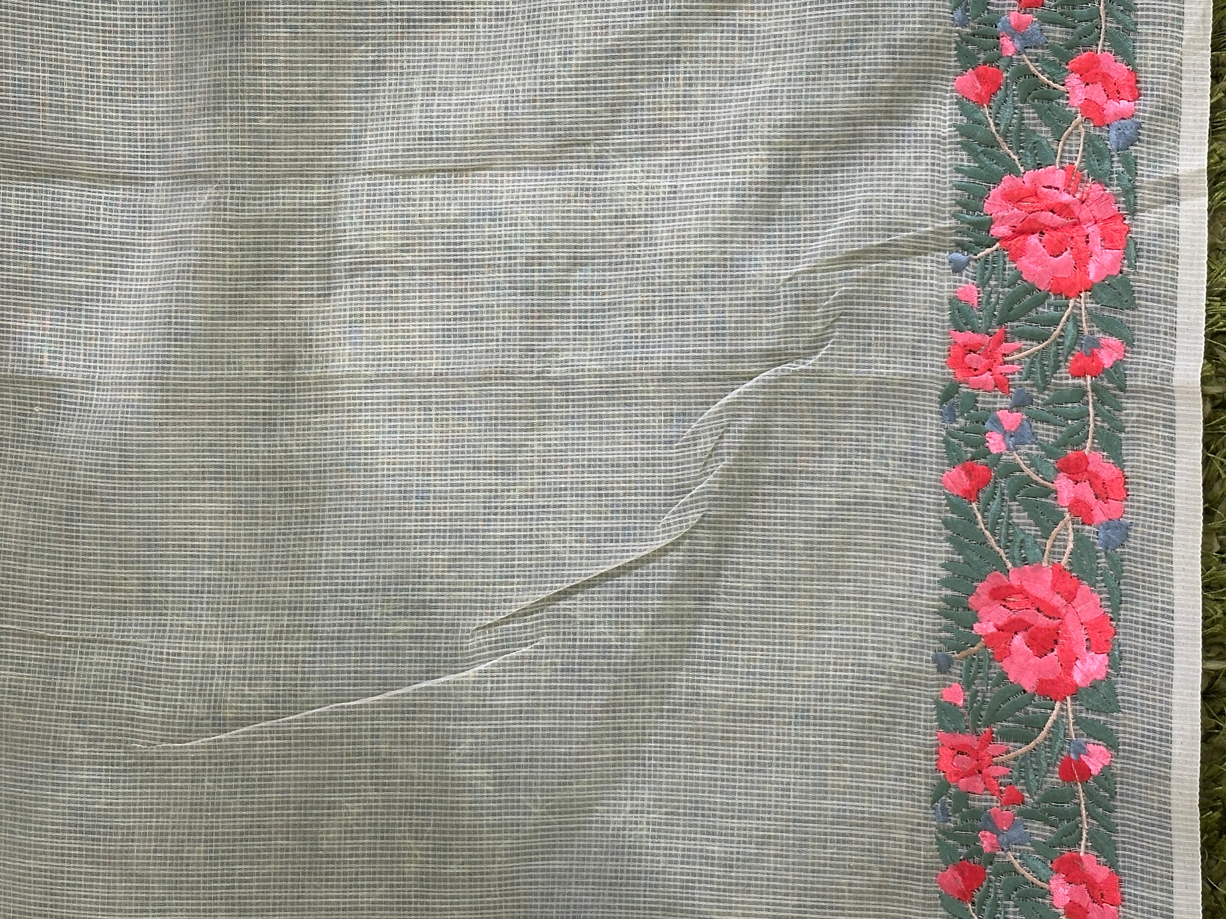Floral Parsley Embroidered Muga Check Organza Saree | JSC125