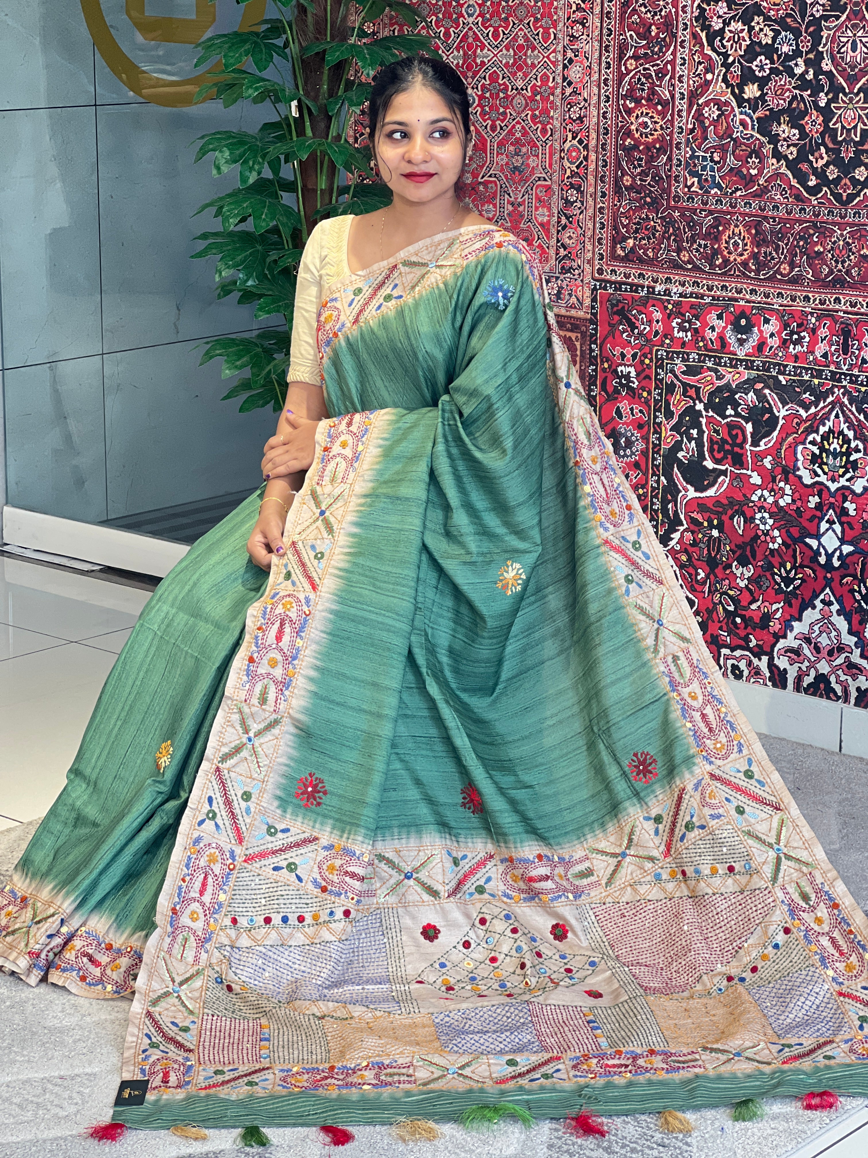 Hand Embroidered Semi Tussar Saree | GAR106