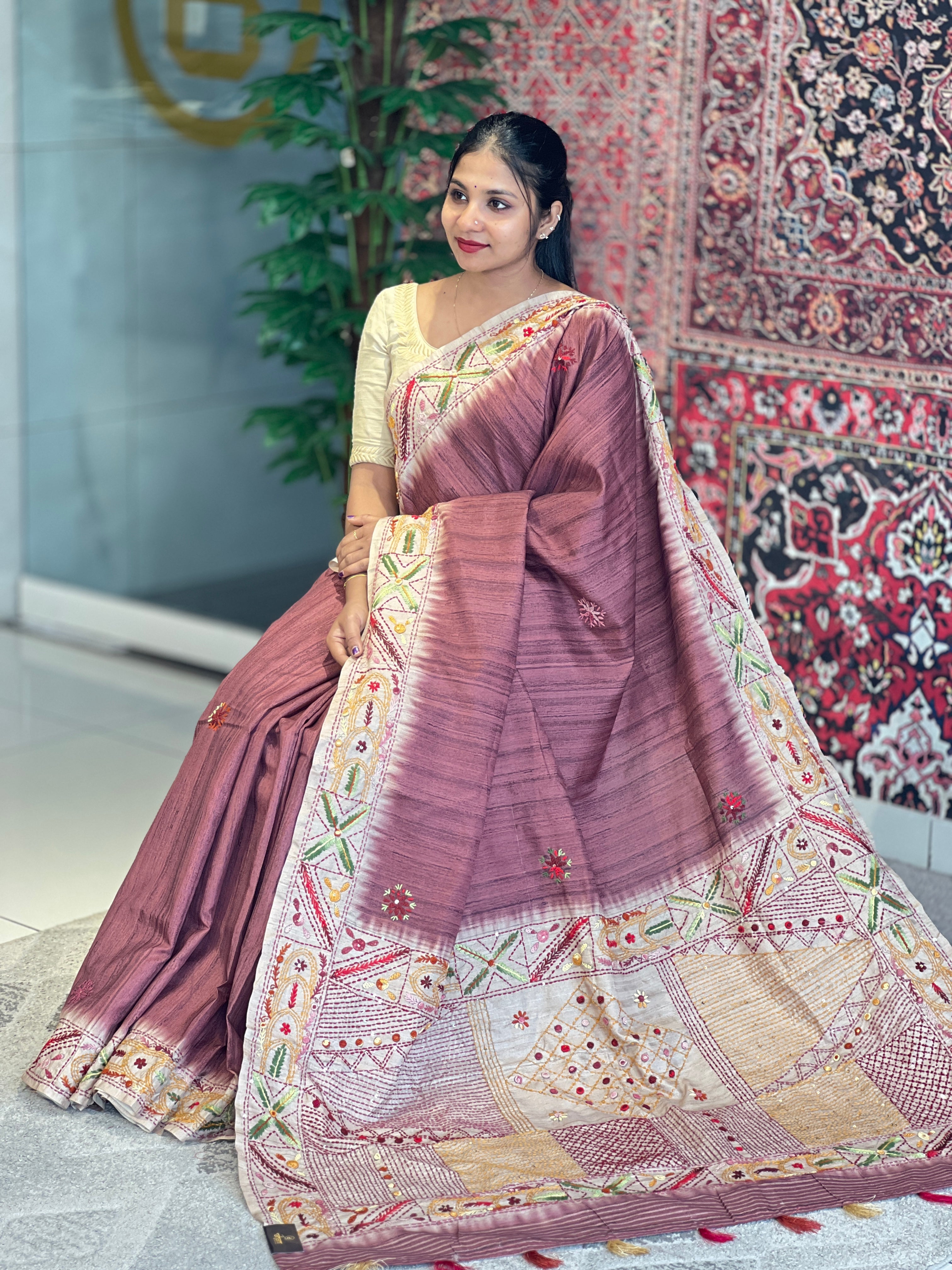 Hand Embroidered Semi Tussar Saree | GAR107