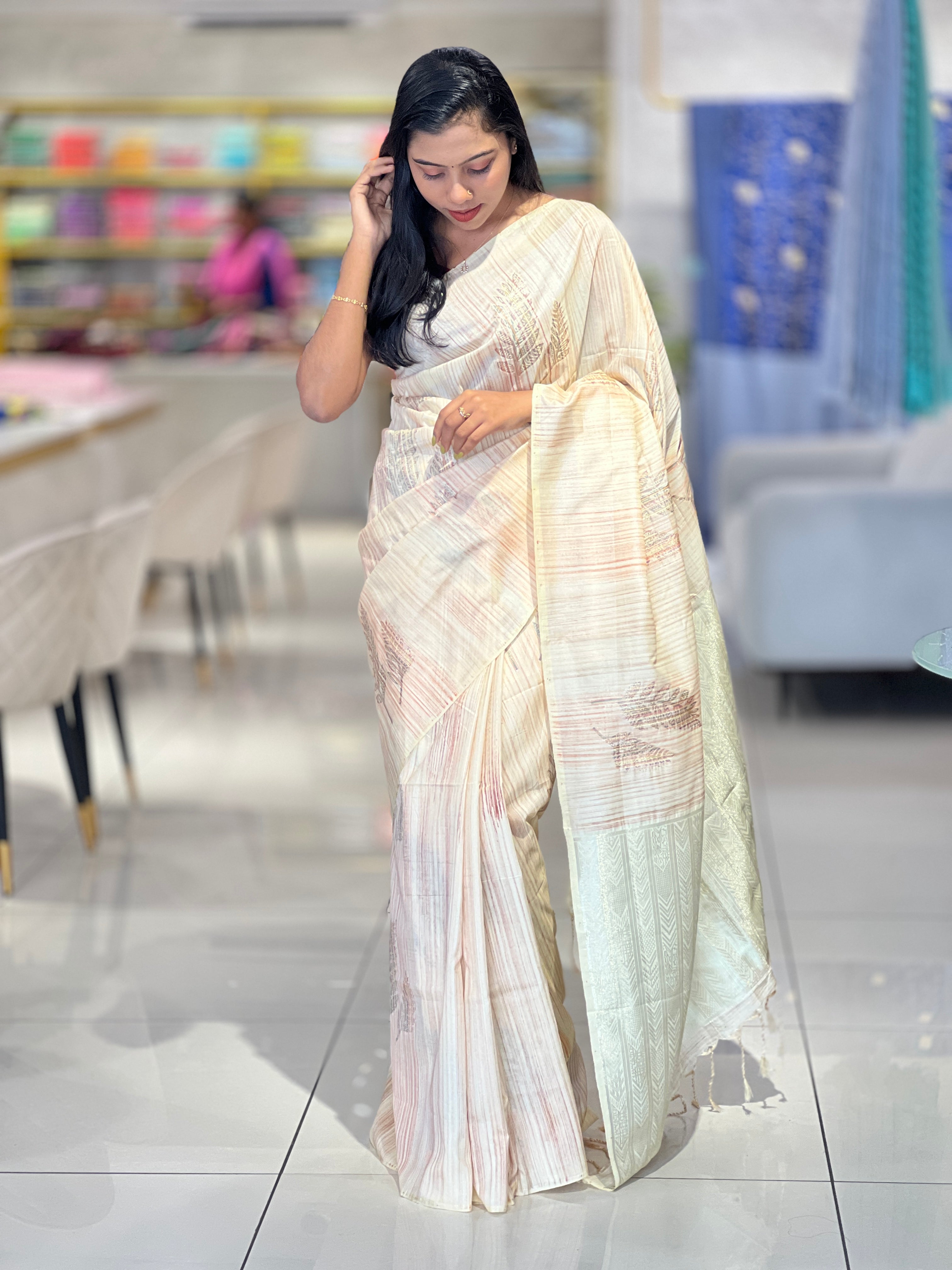 Floral Leaf Printed Design Semi Silk Saree | DVS103