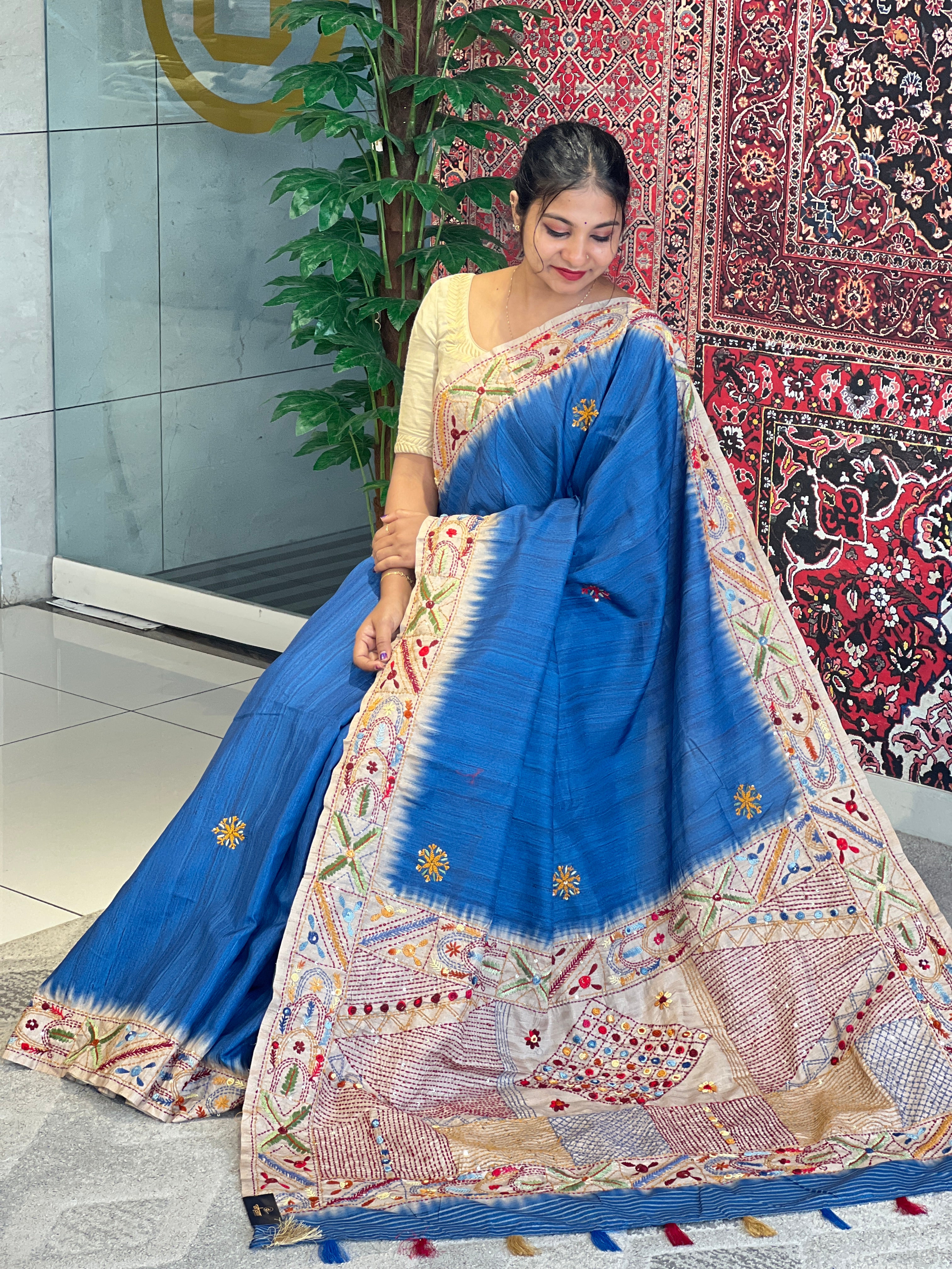 Hand Embroidered Semi Tussar Saree | GAR102
