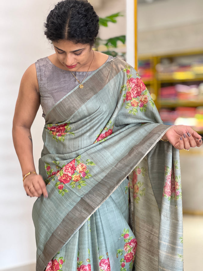 Digital Printed Floral Pattern Desi Tussar Saree | HS1009