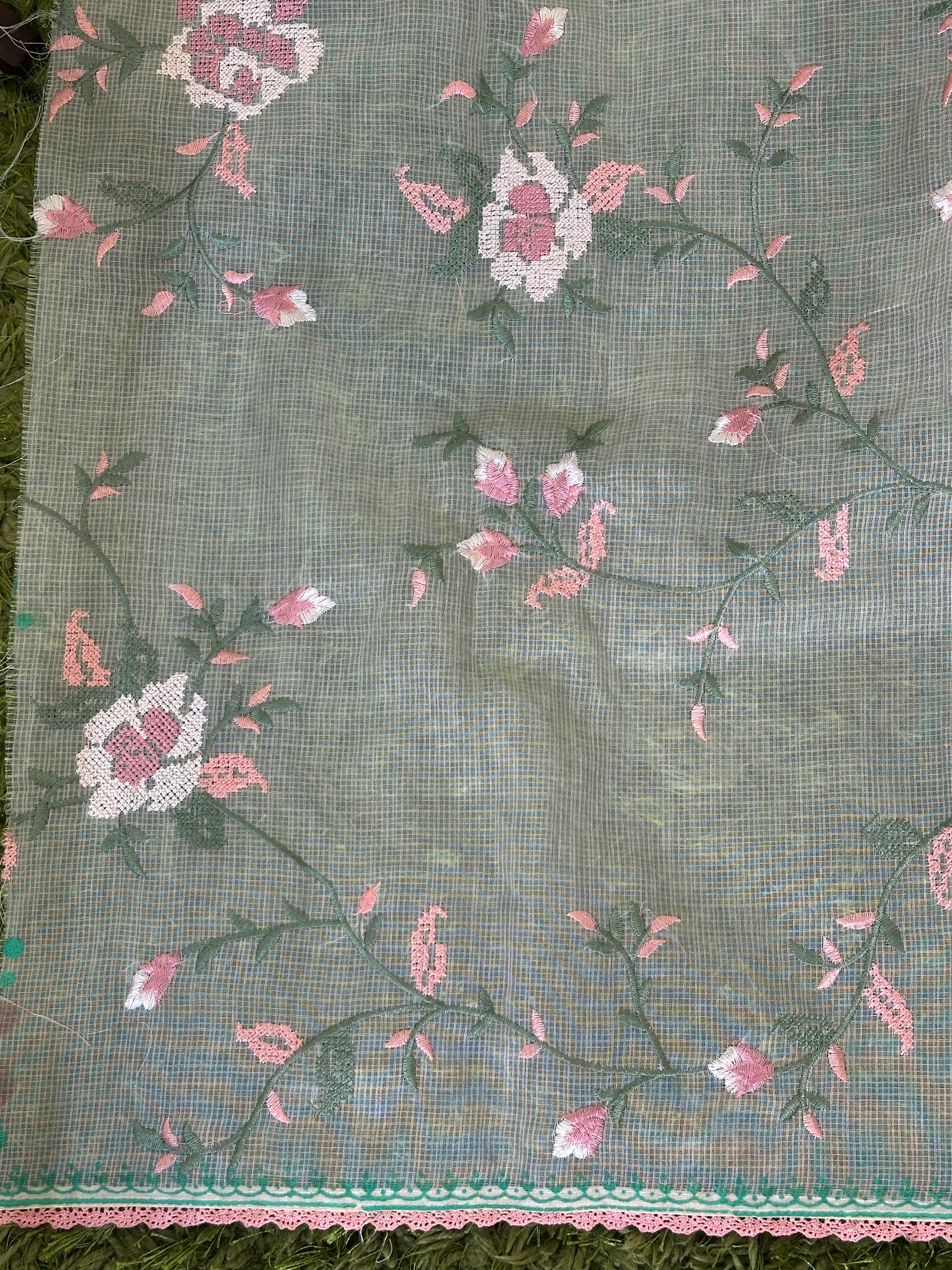 Zigzag & Floral Jaal Embroidered Muga Check Organza Saree | JSC246