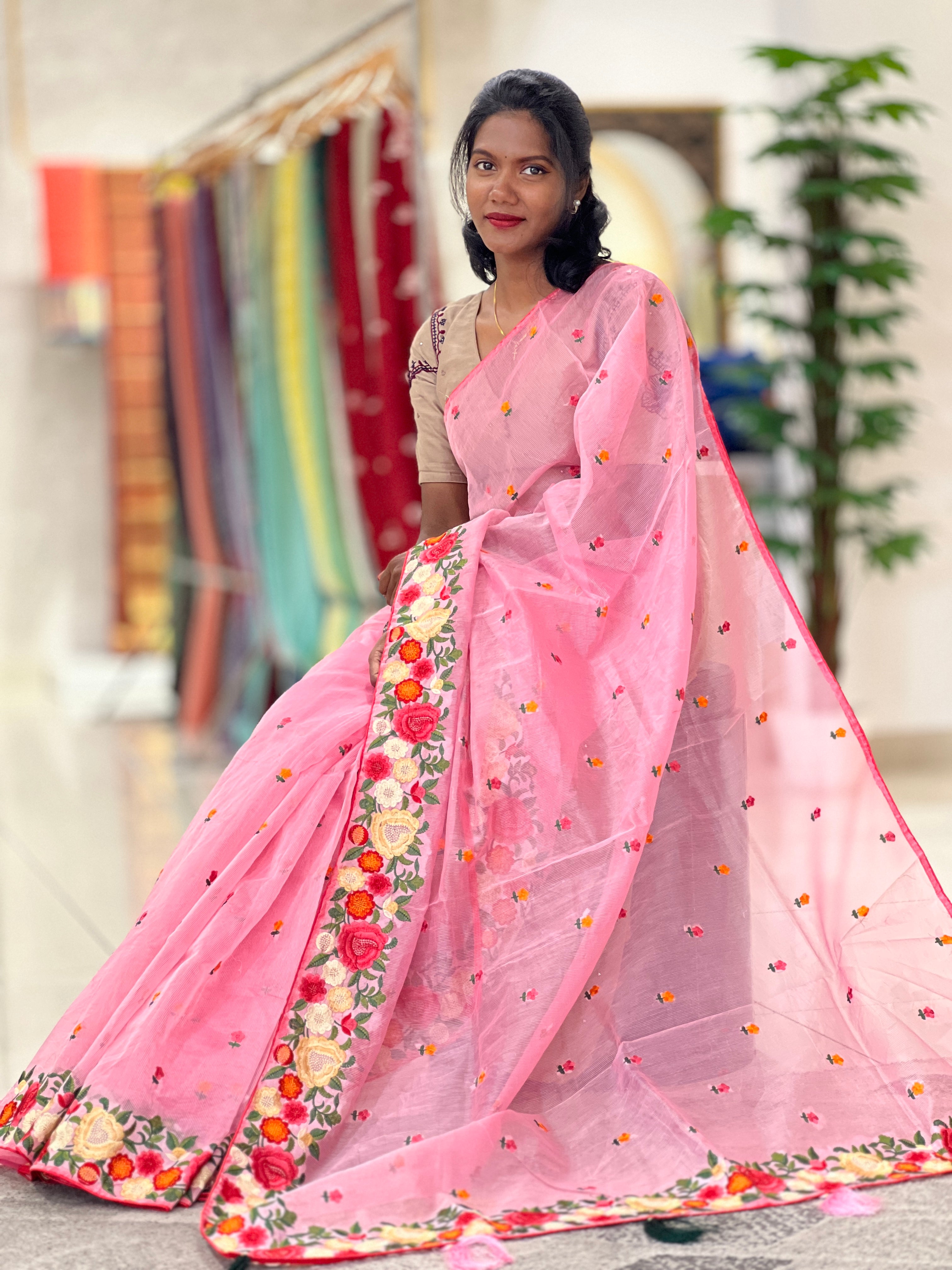 Machine Embroidery Patterned Organza Saree|  RP586