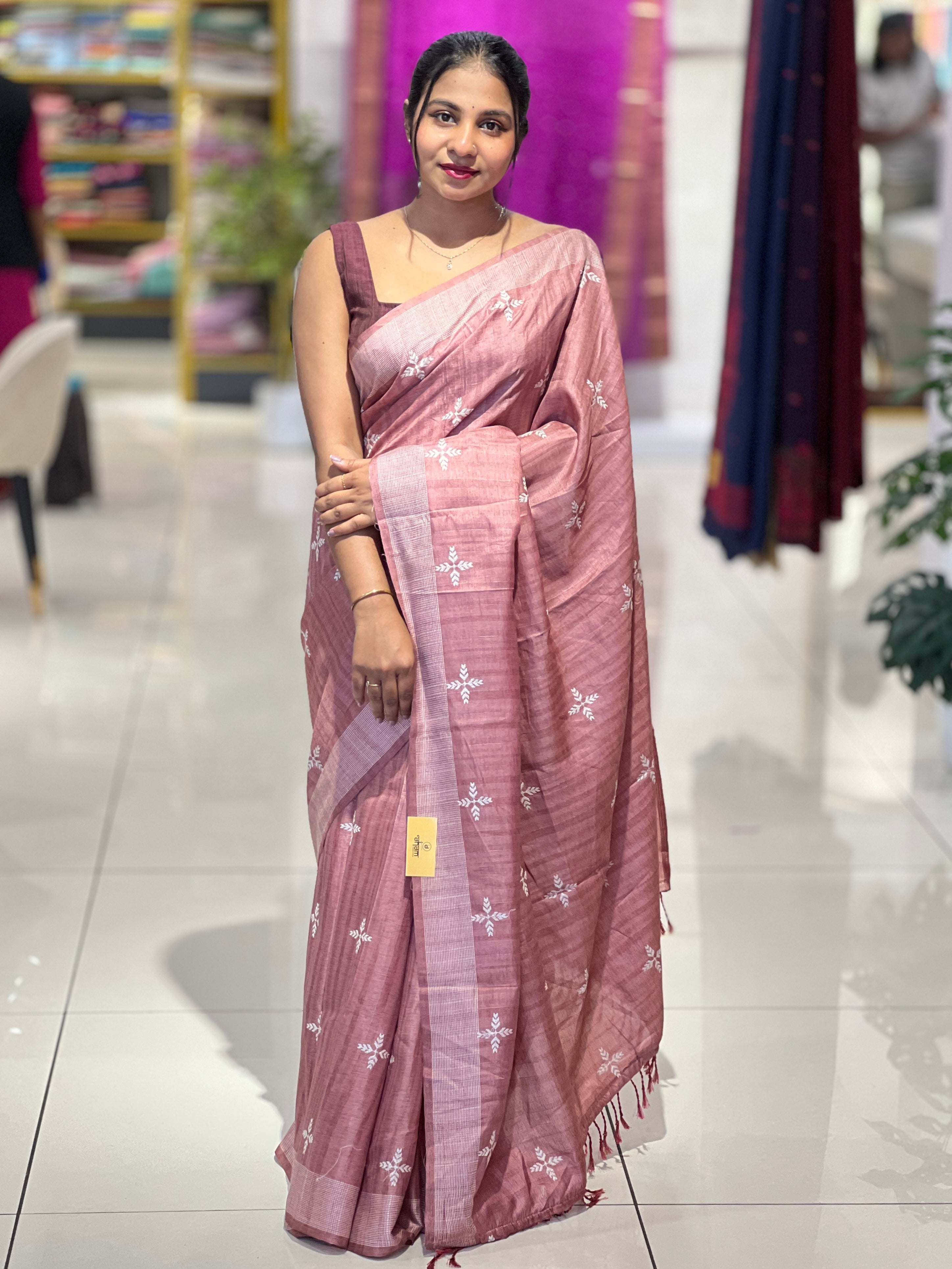 Leaf Patterned Embroidery Detailed Semi Tussar Saree | SUN706