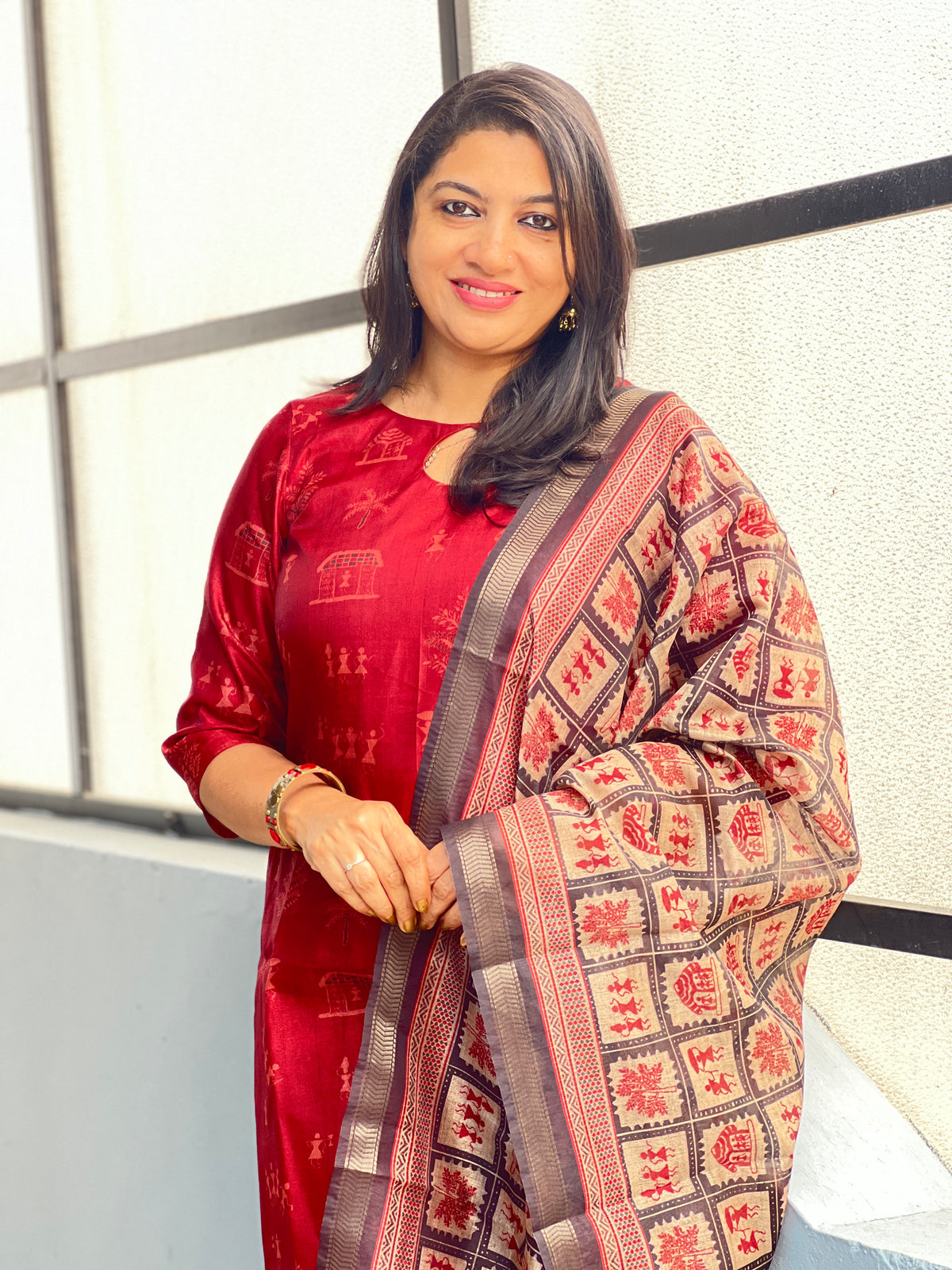Warli Printed Pattern Semi Tussar Salwar Set | SSN535