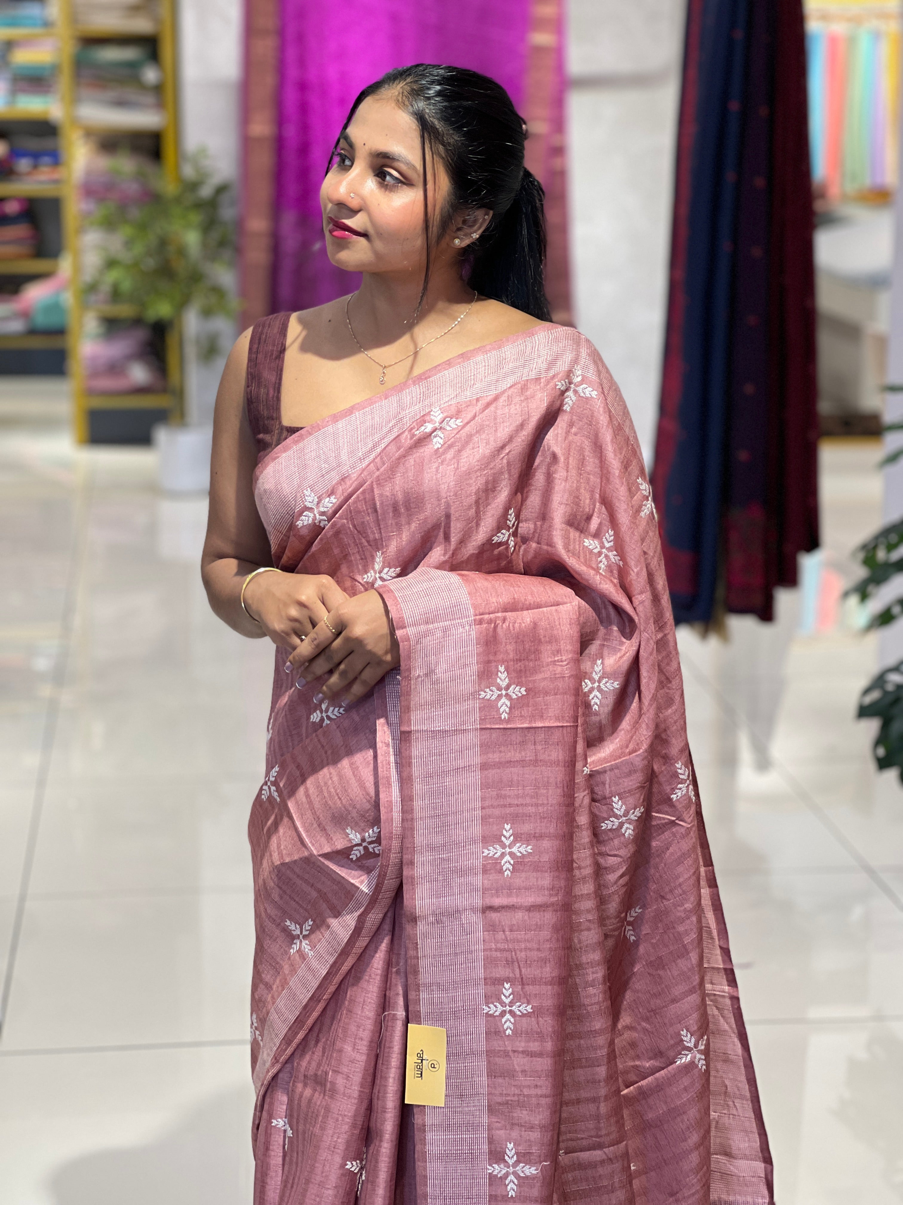 Leaf Patterned Embroidery Detailed Semi Tussar Saree | SUN706