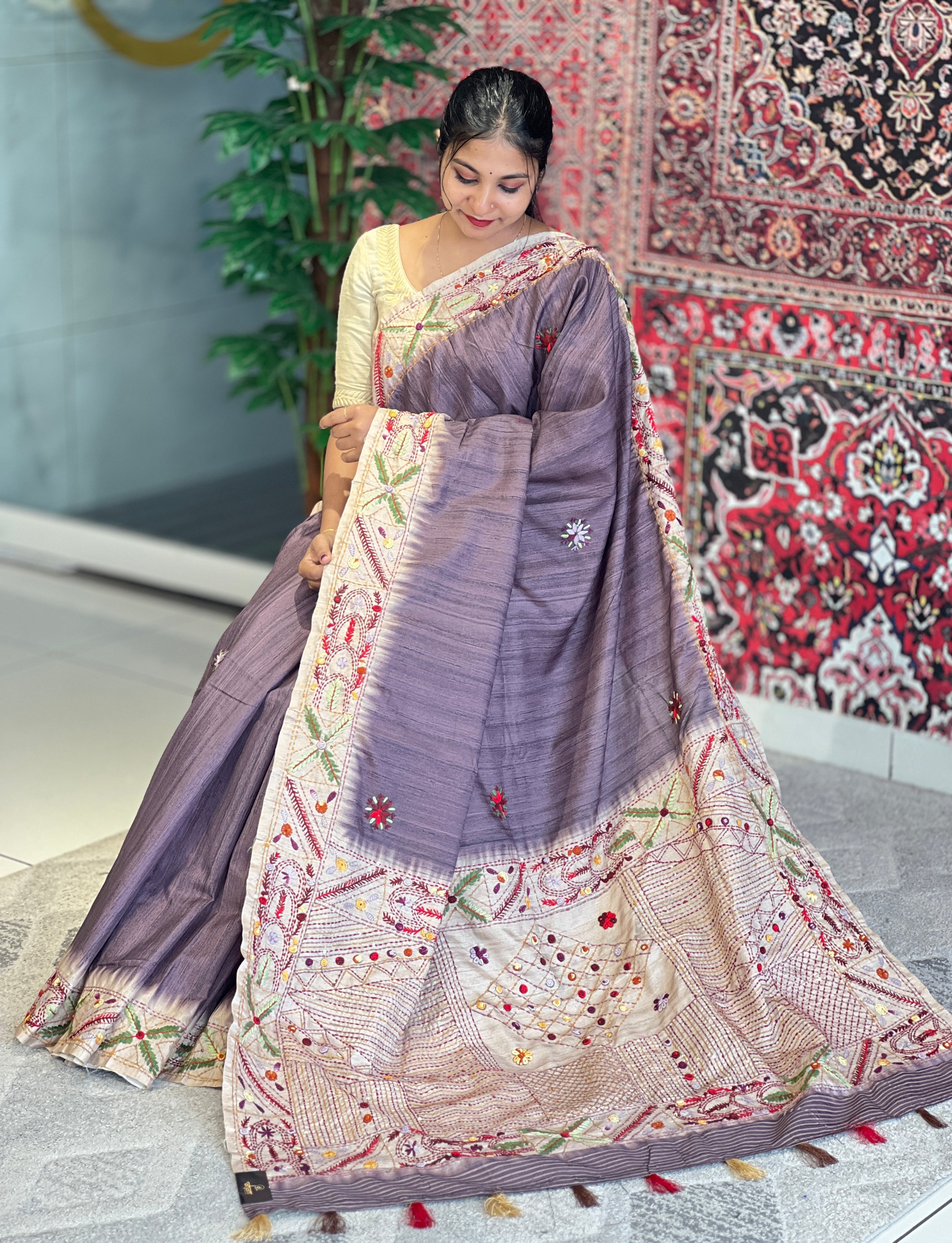 Hand Embroidered Semi Tussar Saree | GAR105
