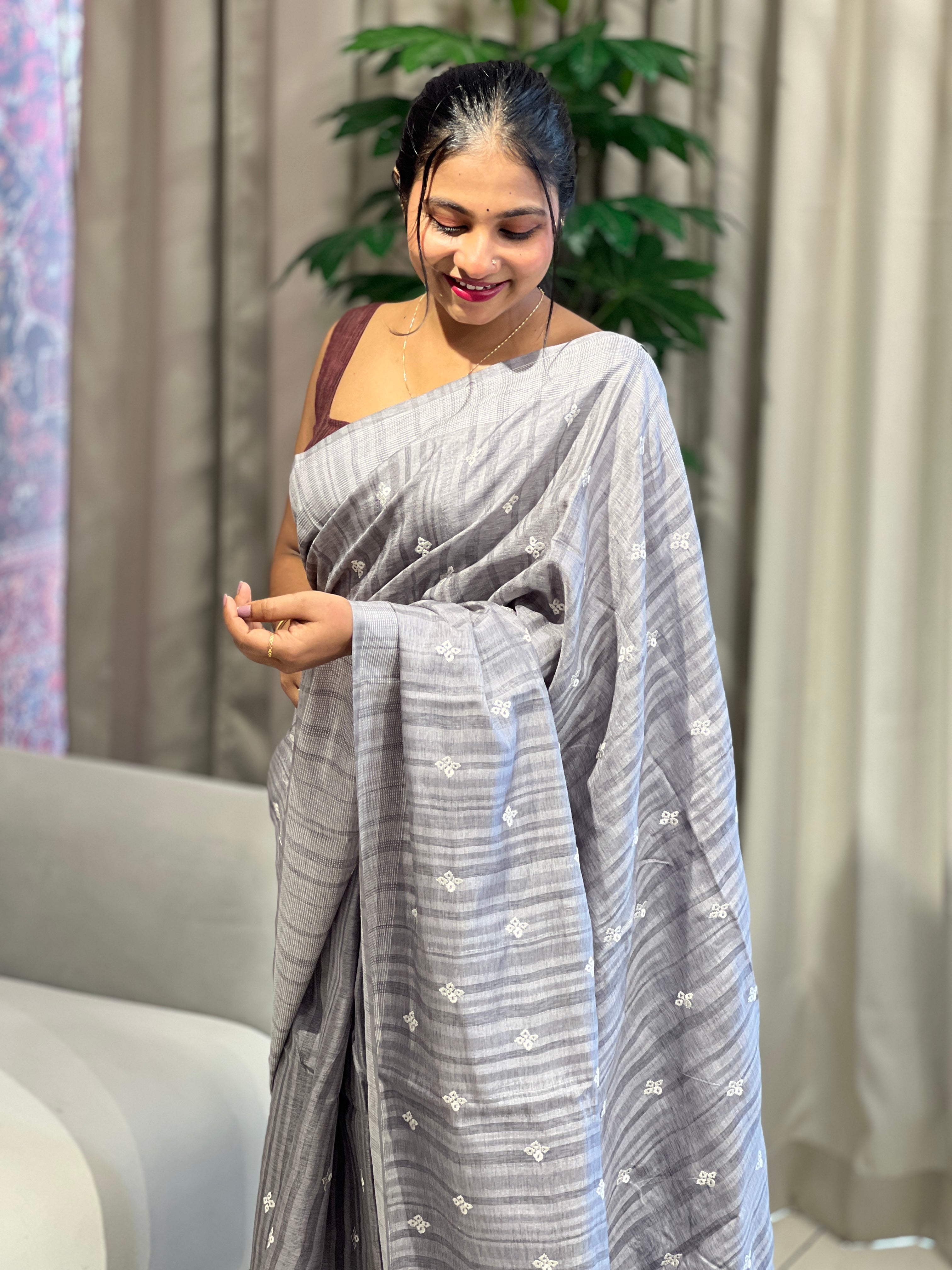 Floral Embroidery Detailed Semi Tussar Saree | SUN737