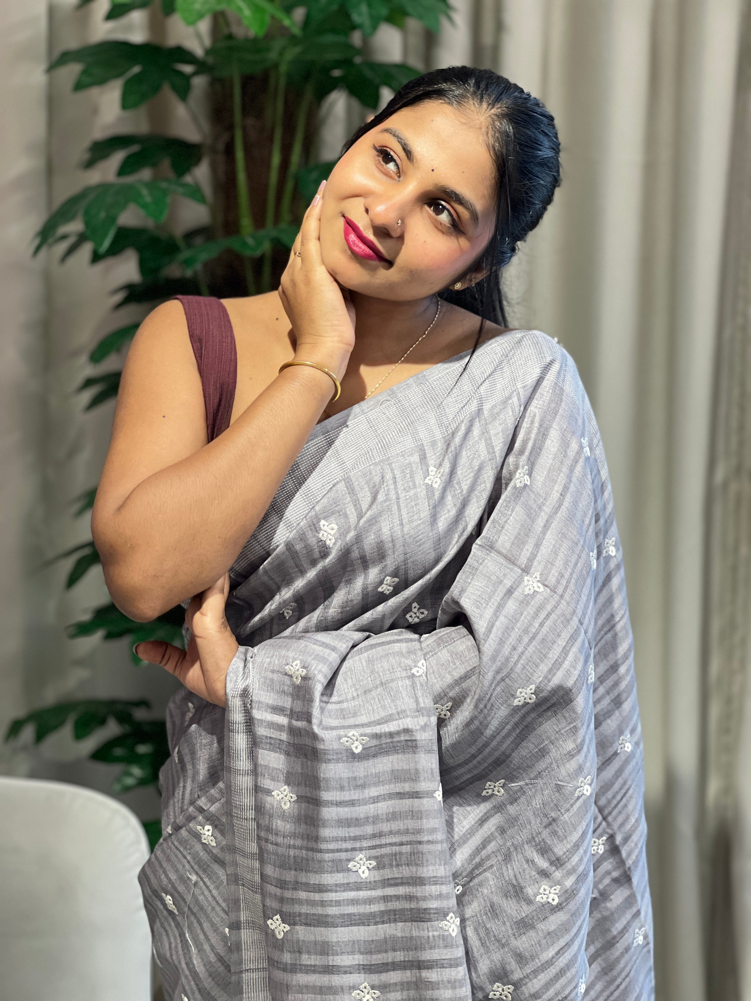 Floral Embroidery Detailed Semi Tussar Saree | SUN737
