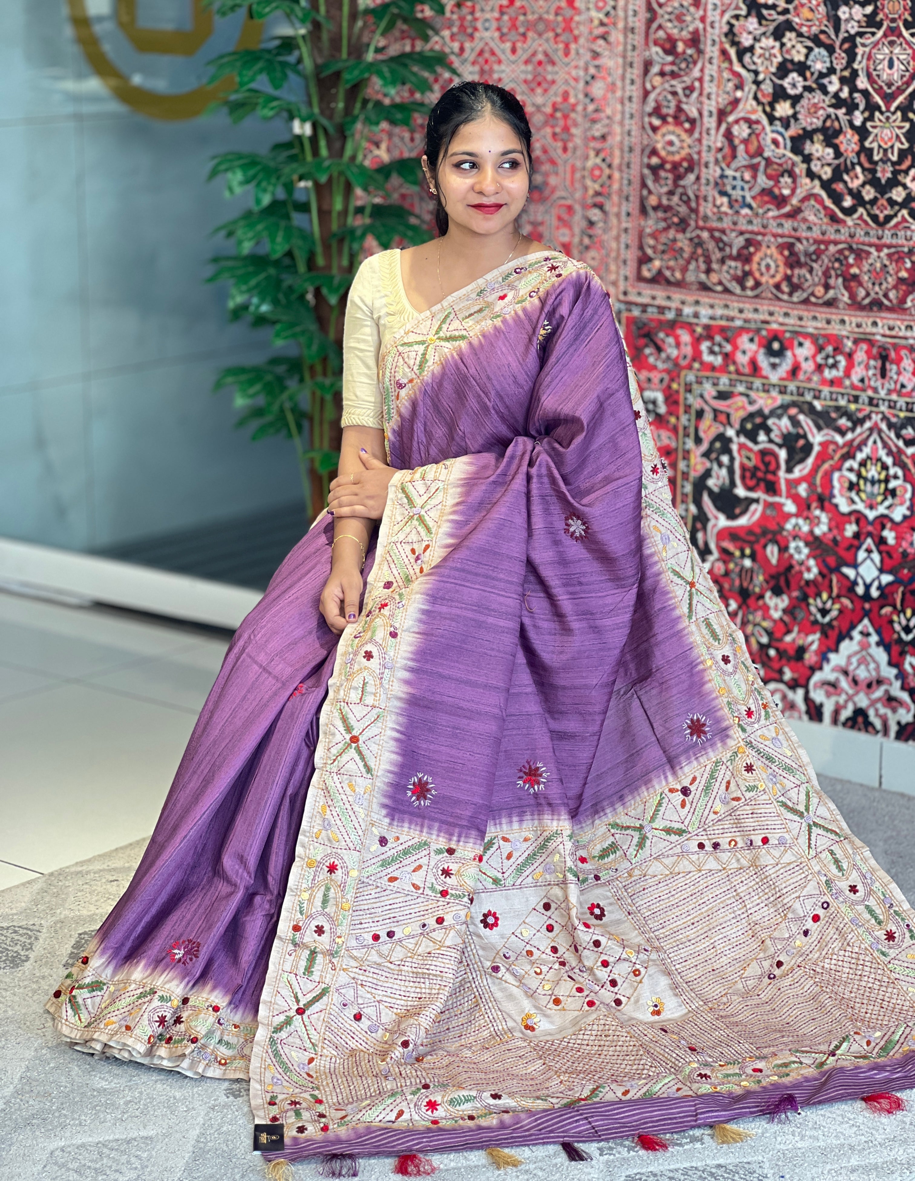 Hand Embroidered Semi Tussar Saree | GAR108
