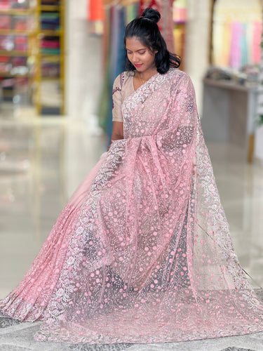 Floral Embroidery With Stone Worked Net Saree | SBP448