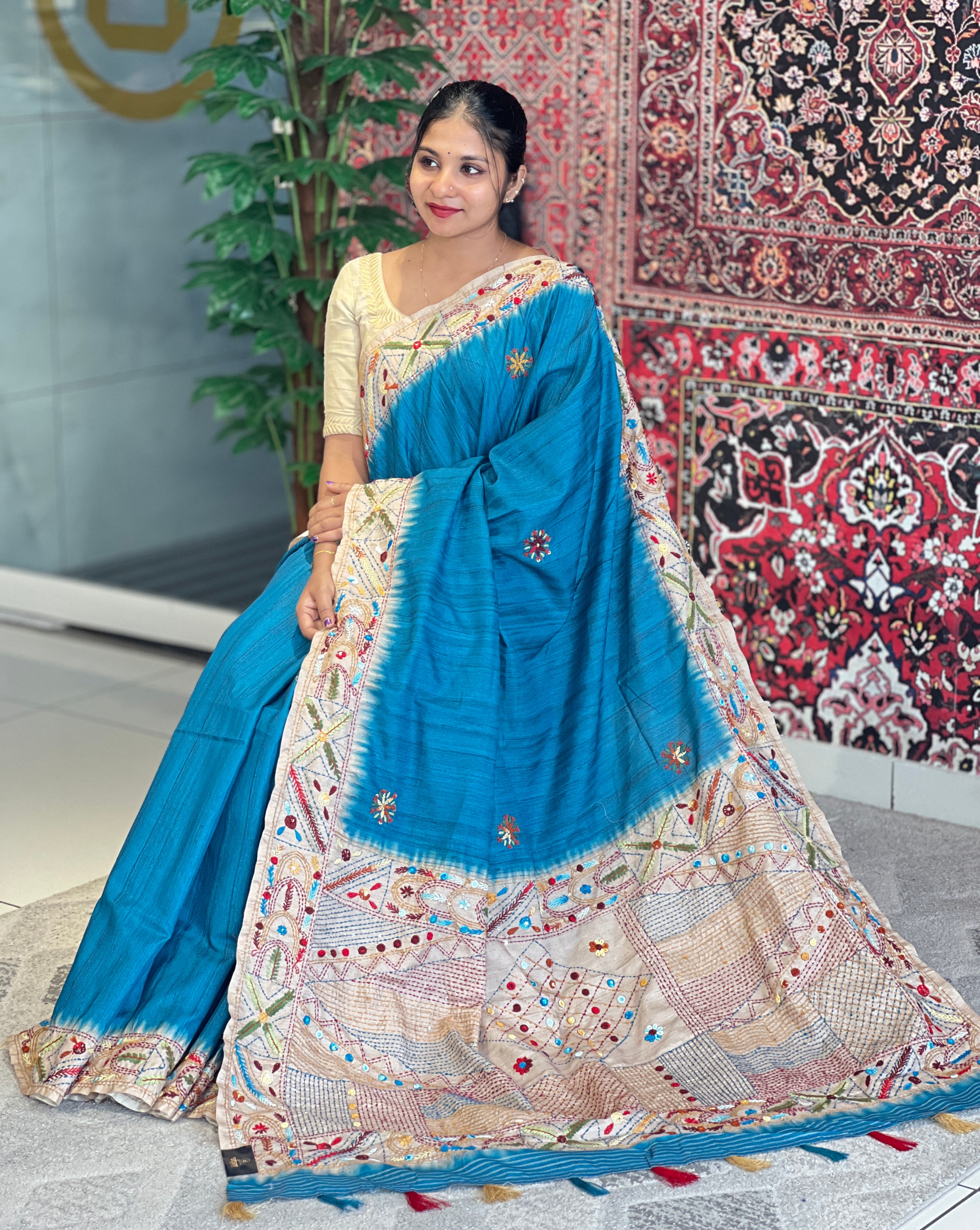 Hand Embroidered Semi Tussar Saree | GAR101