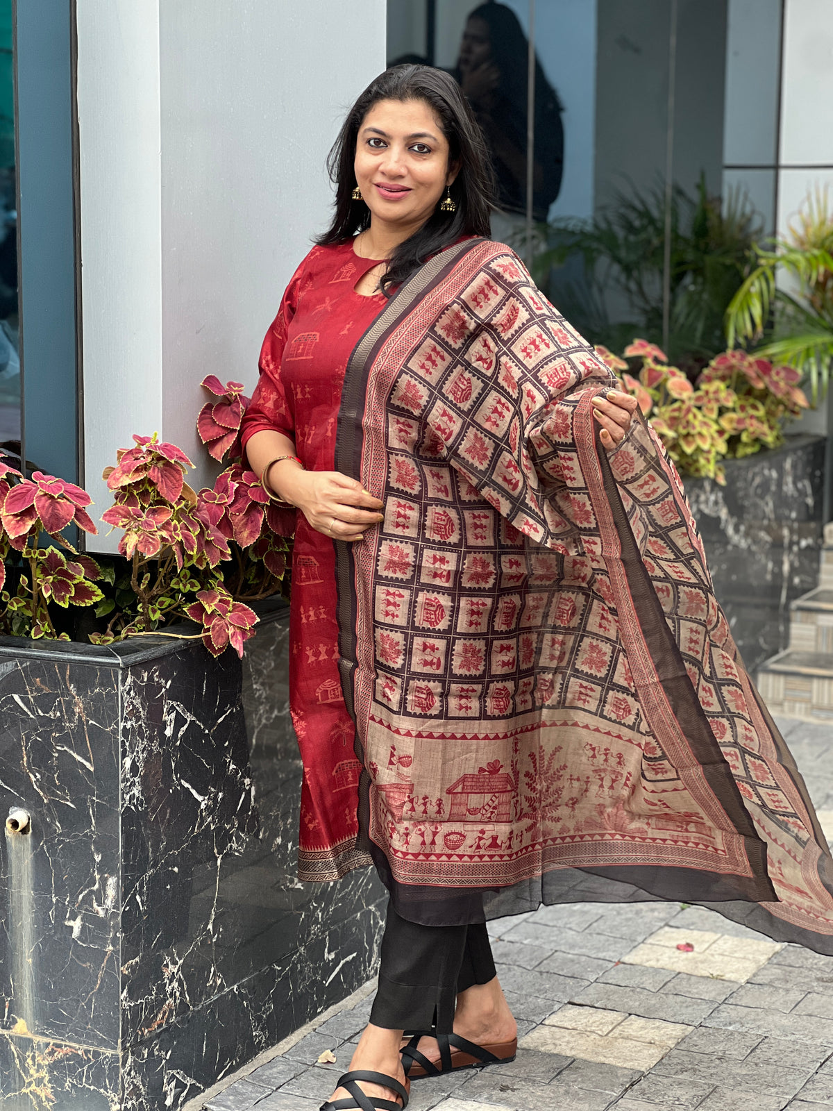 Warli Printed Pattern Semi Tussar Salwar Set | SSN535