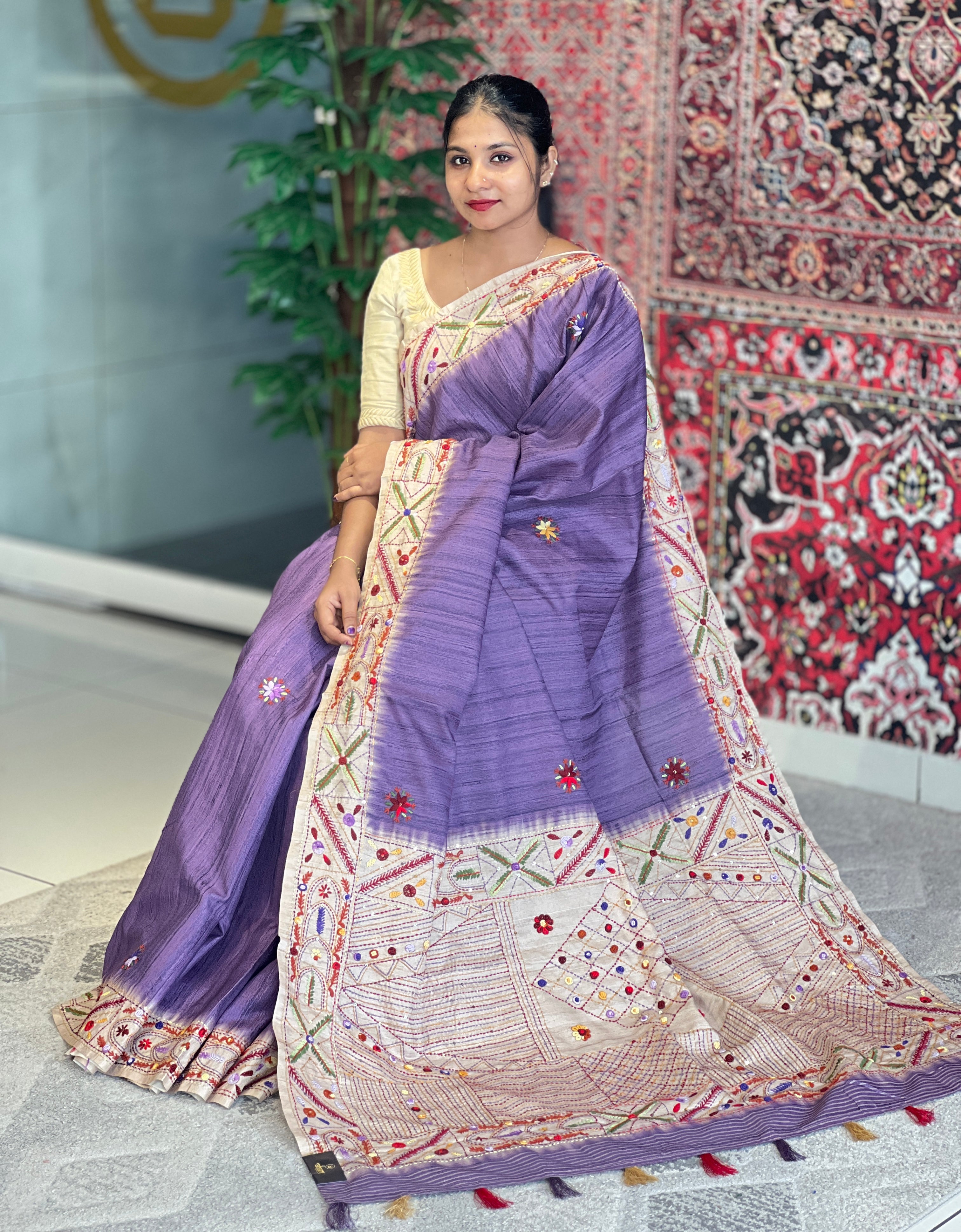 Hand Embroidered Semi Tussar Saree | GAR109