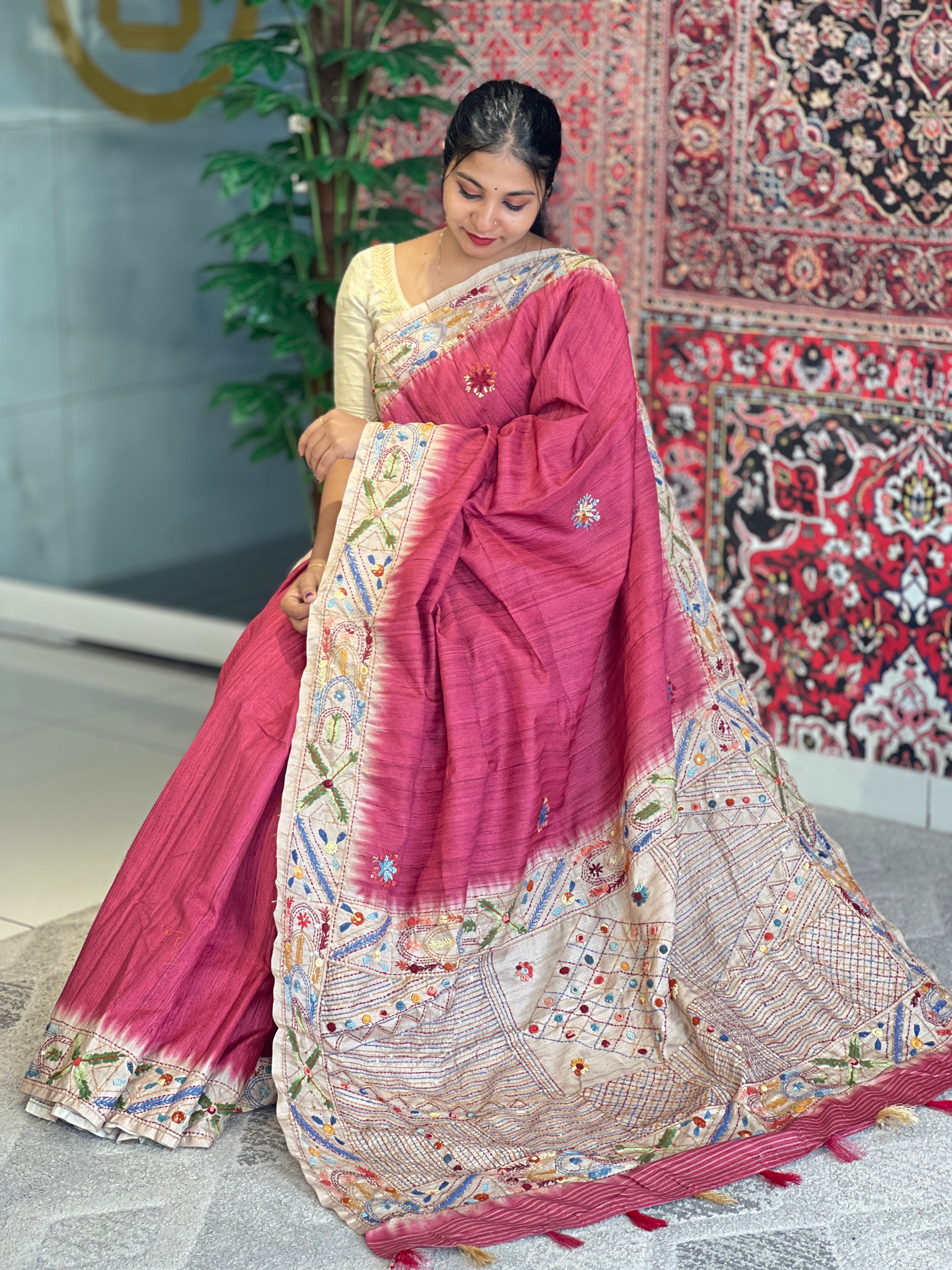 Hand Embroidered Semi Tussar Saree | GAR104