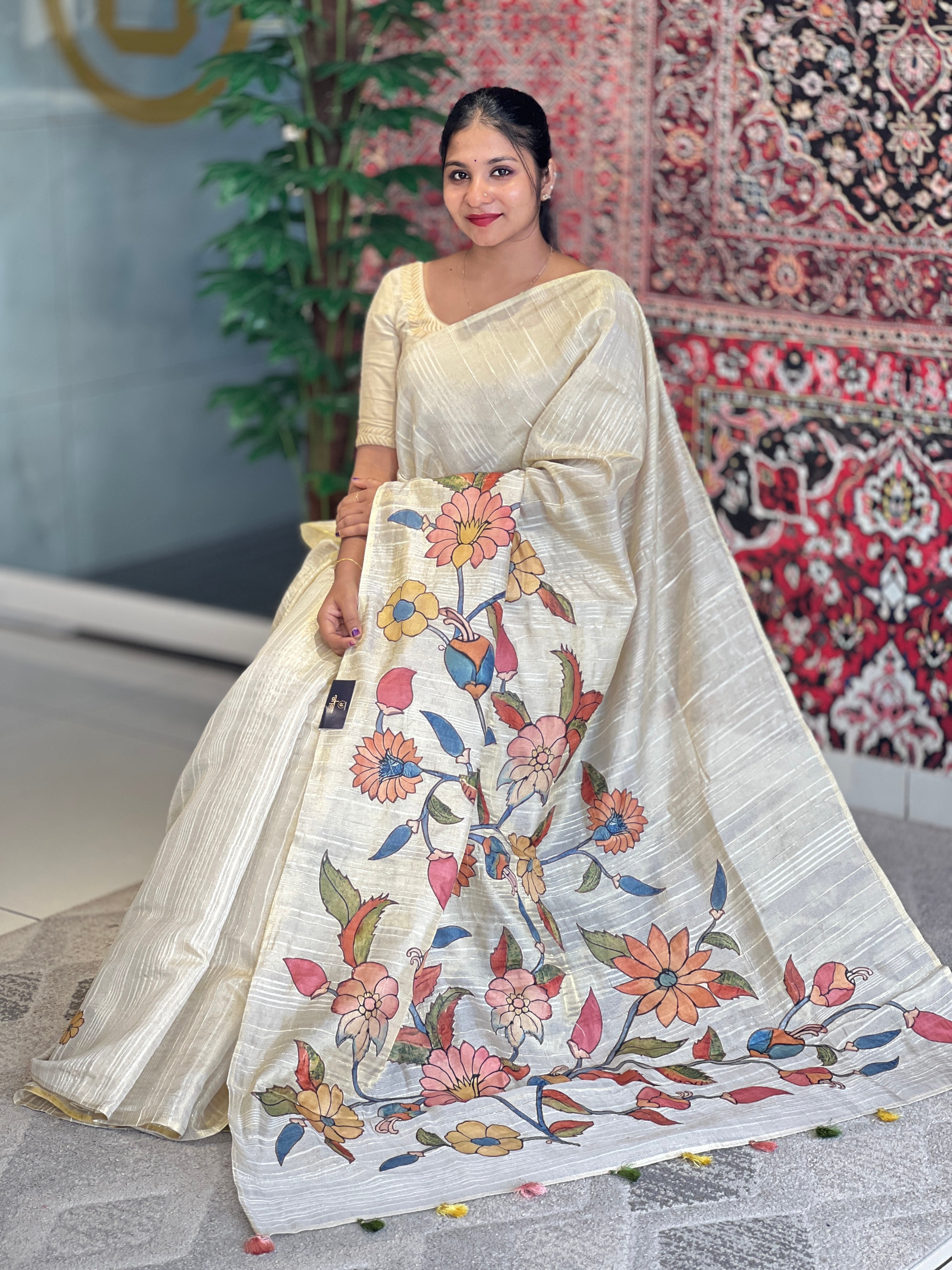 Kalamkari Floral Applique Detailed Tussar Finish Saree | DVS251