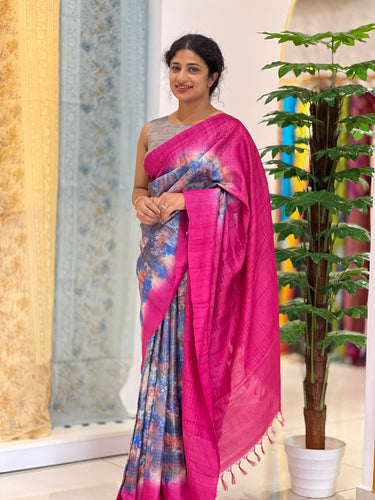 Tussar Saree with Watercolor Effect and Check Pattern |  HS665