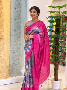 Tussar Saree with Watercolor Effect and Check Pattern |  HS665