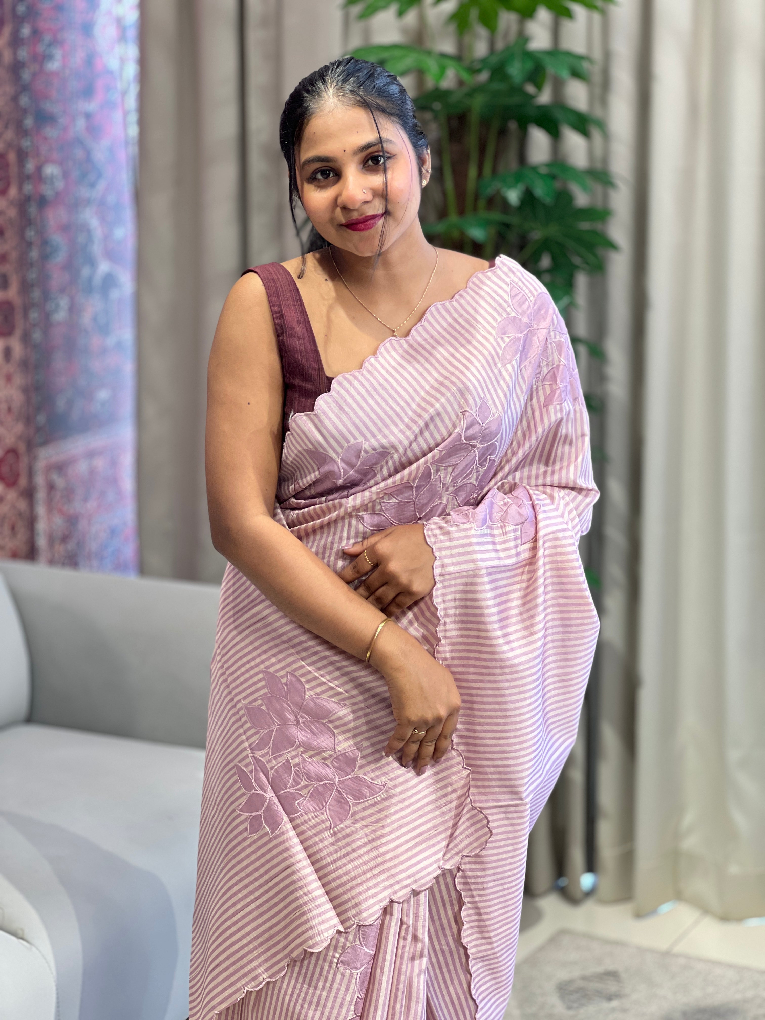 Floral Applique Placement Detailed Semi Tussar Saree | HT271