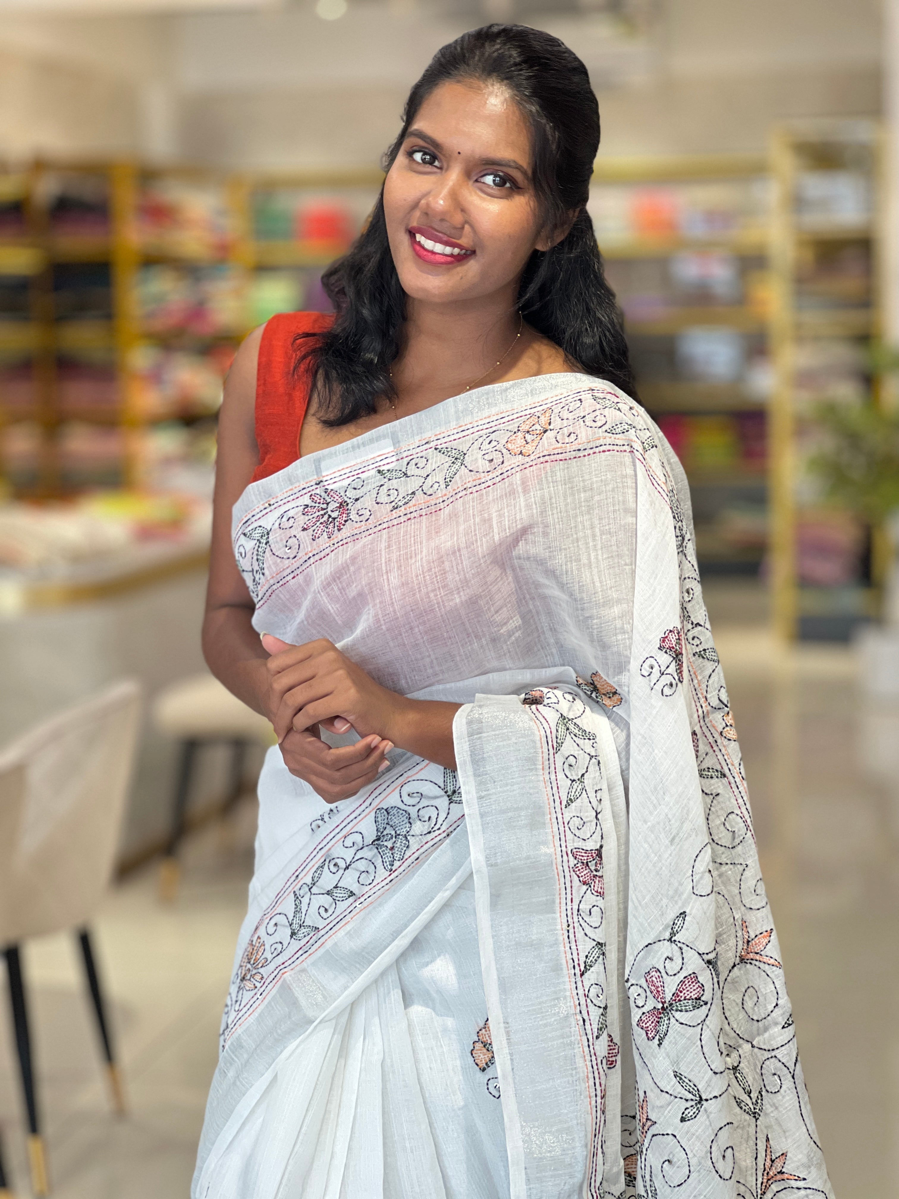 Hand Kantha Embroidery Linen Finish Saree | RP431