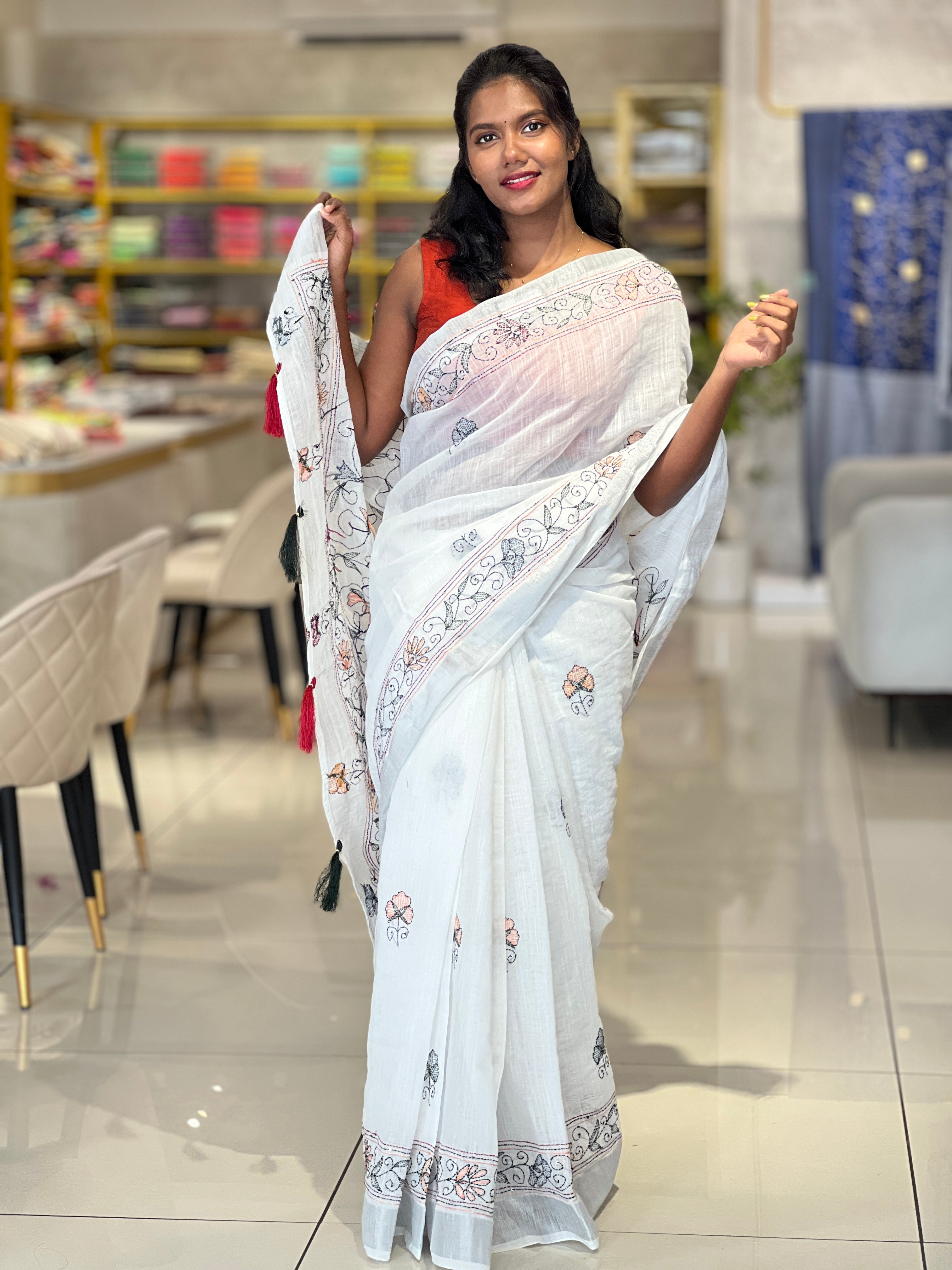 Hand Kantha Embroidery Linen Finish Saree | RP431