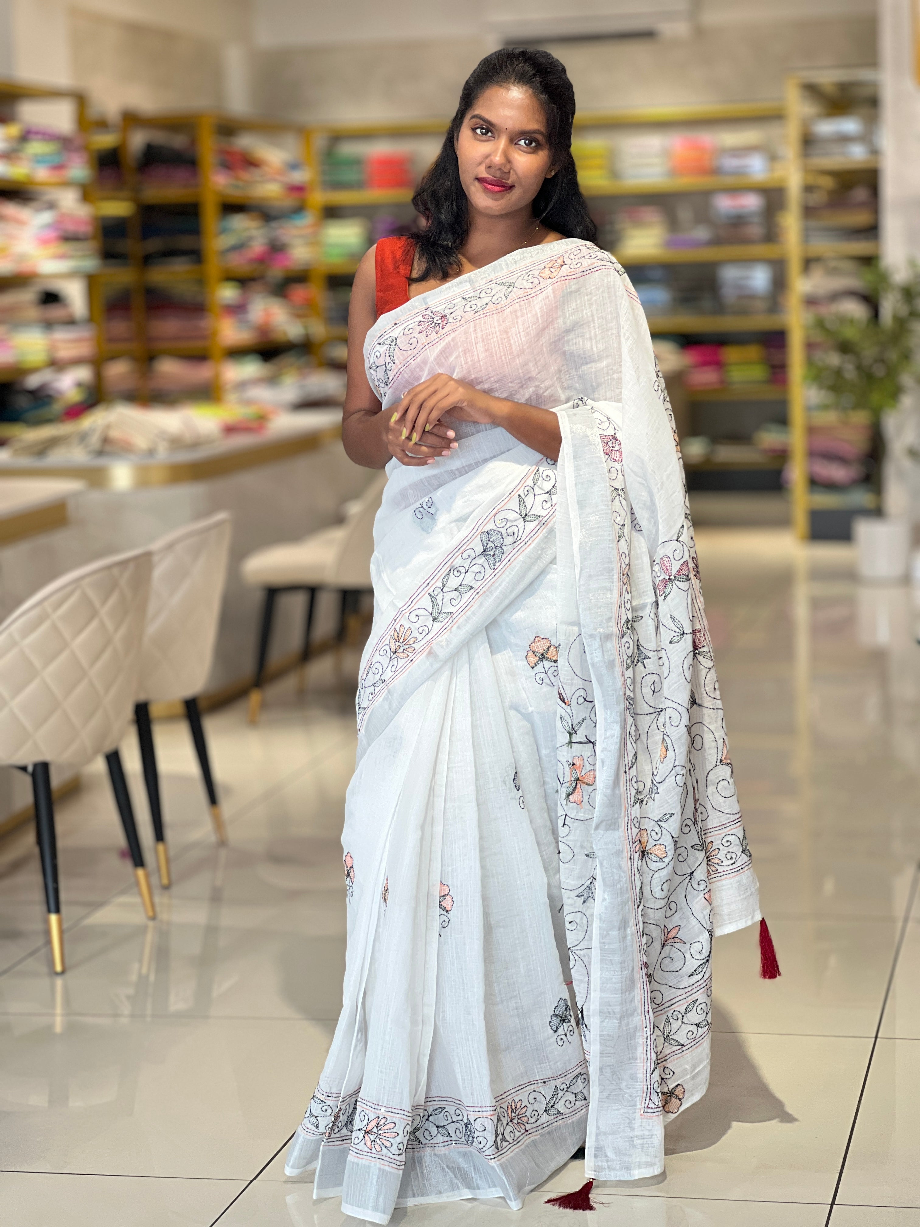 Hand Kantha Embroidery Linen Finish Saree | RP431