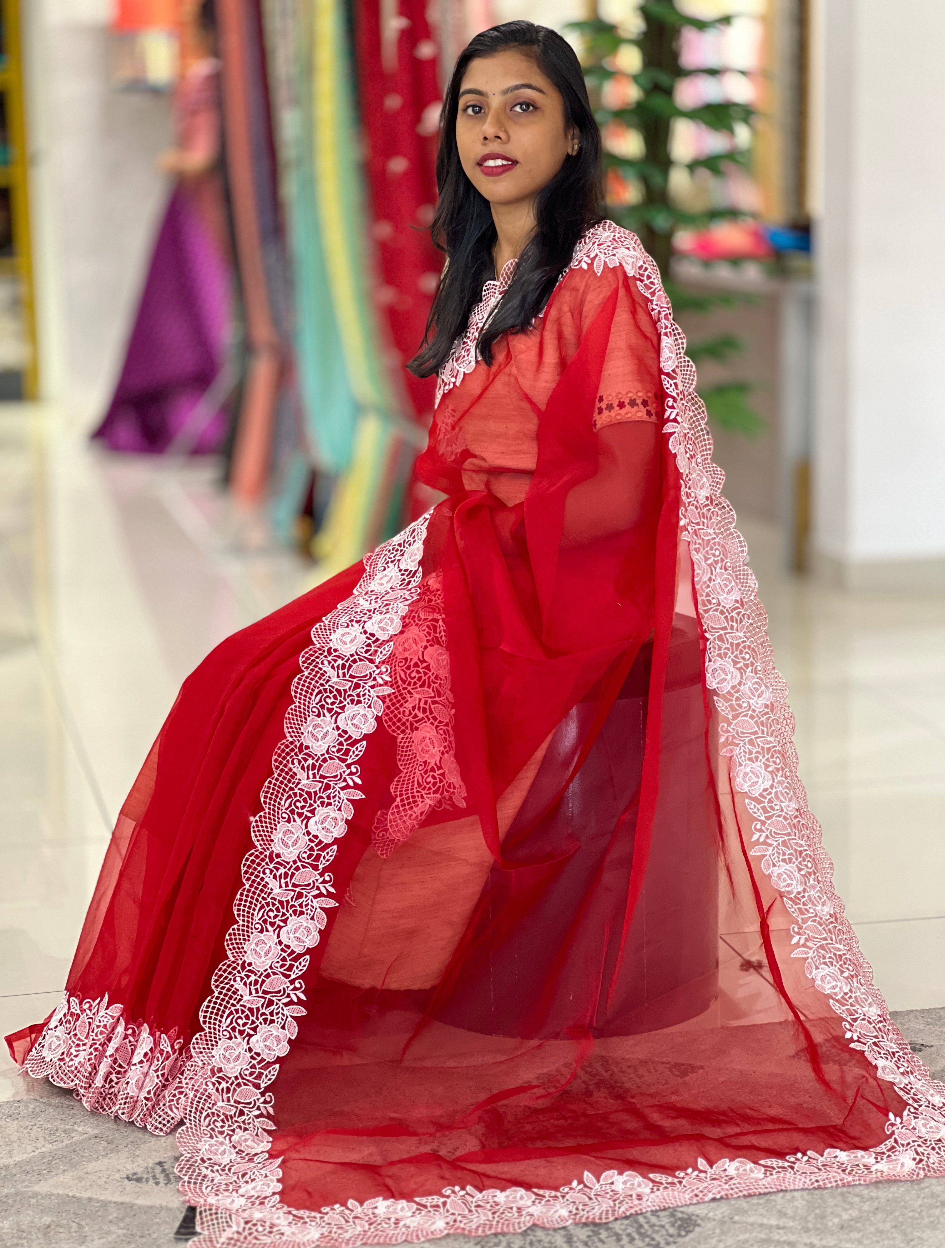 Floral Embroidery With Cutwork Detailed Organza Saree | RP591
