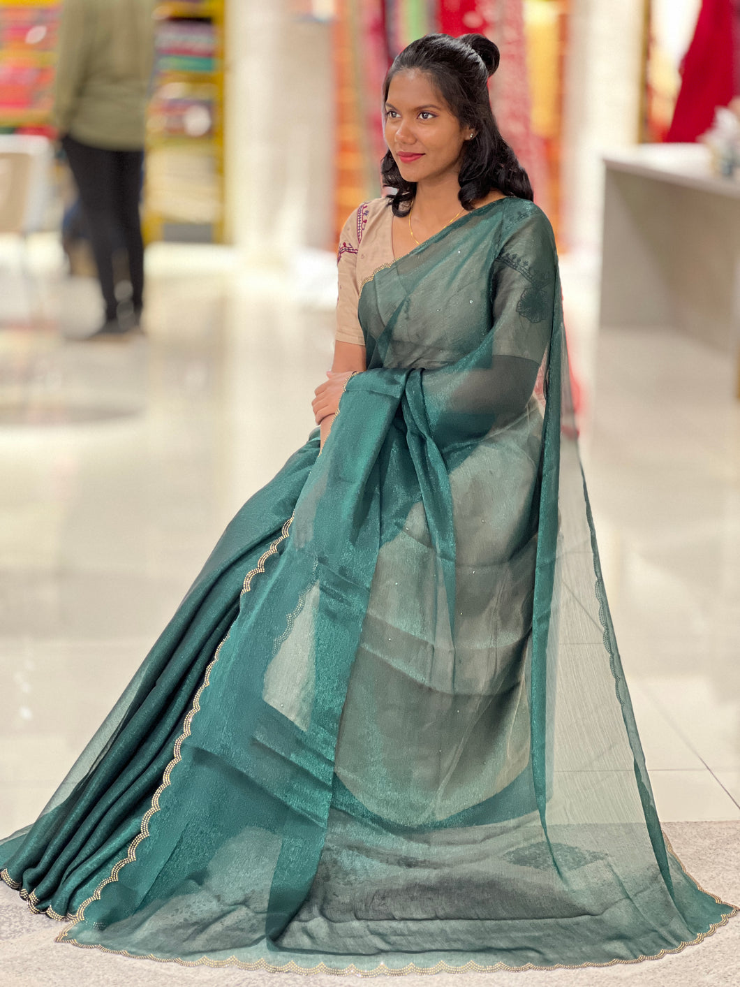 Stone Work Scallop Pattern Shimmer Organza Saree | SBP397