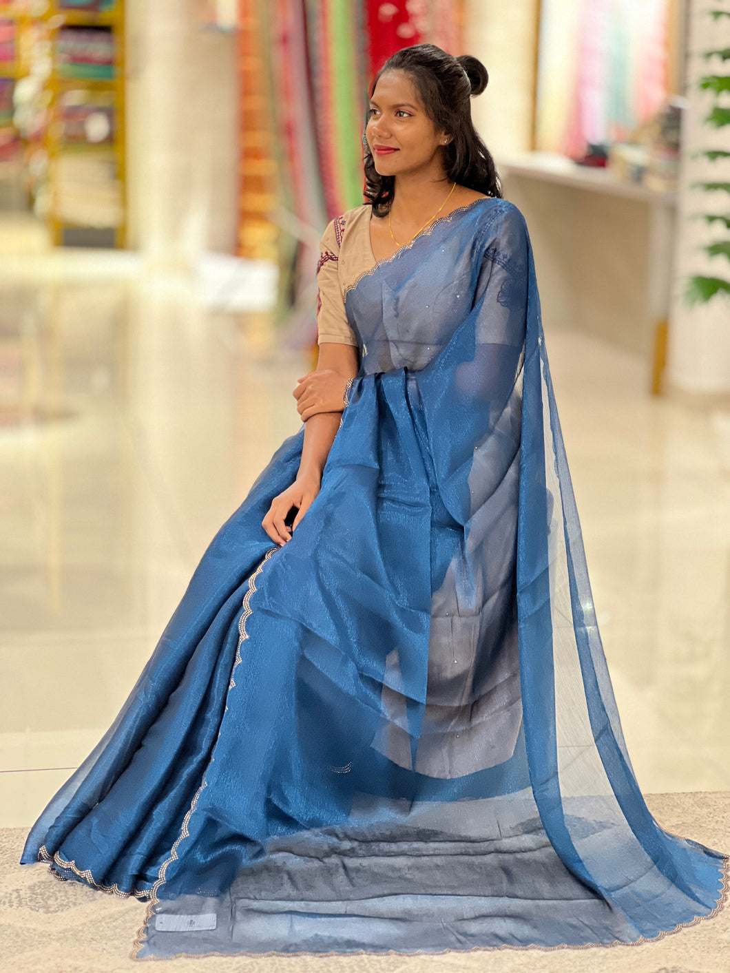 Stone Work Scallop Pattern Shimmer Organza Saree | SBP399