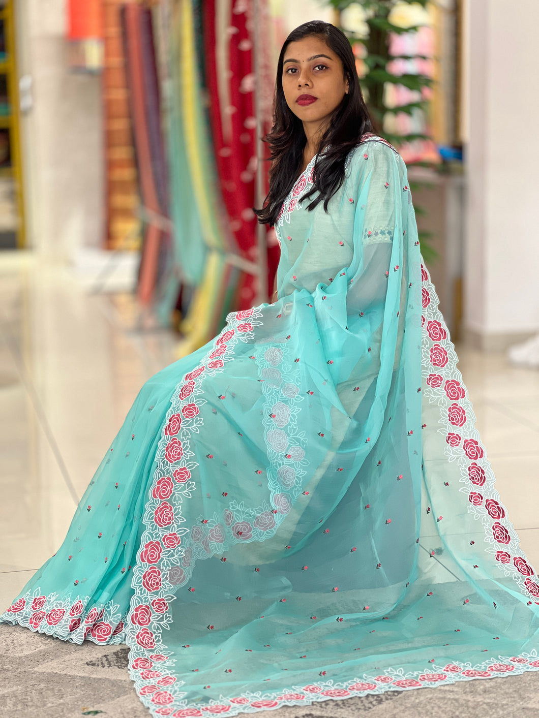 Point Embroidery Detailed Nylon Organza Saree | RP584
