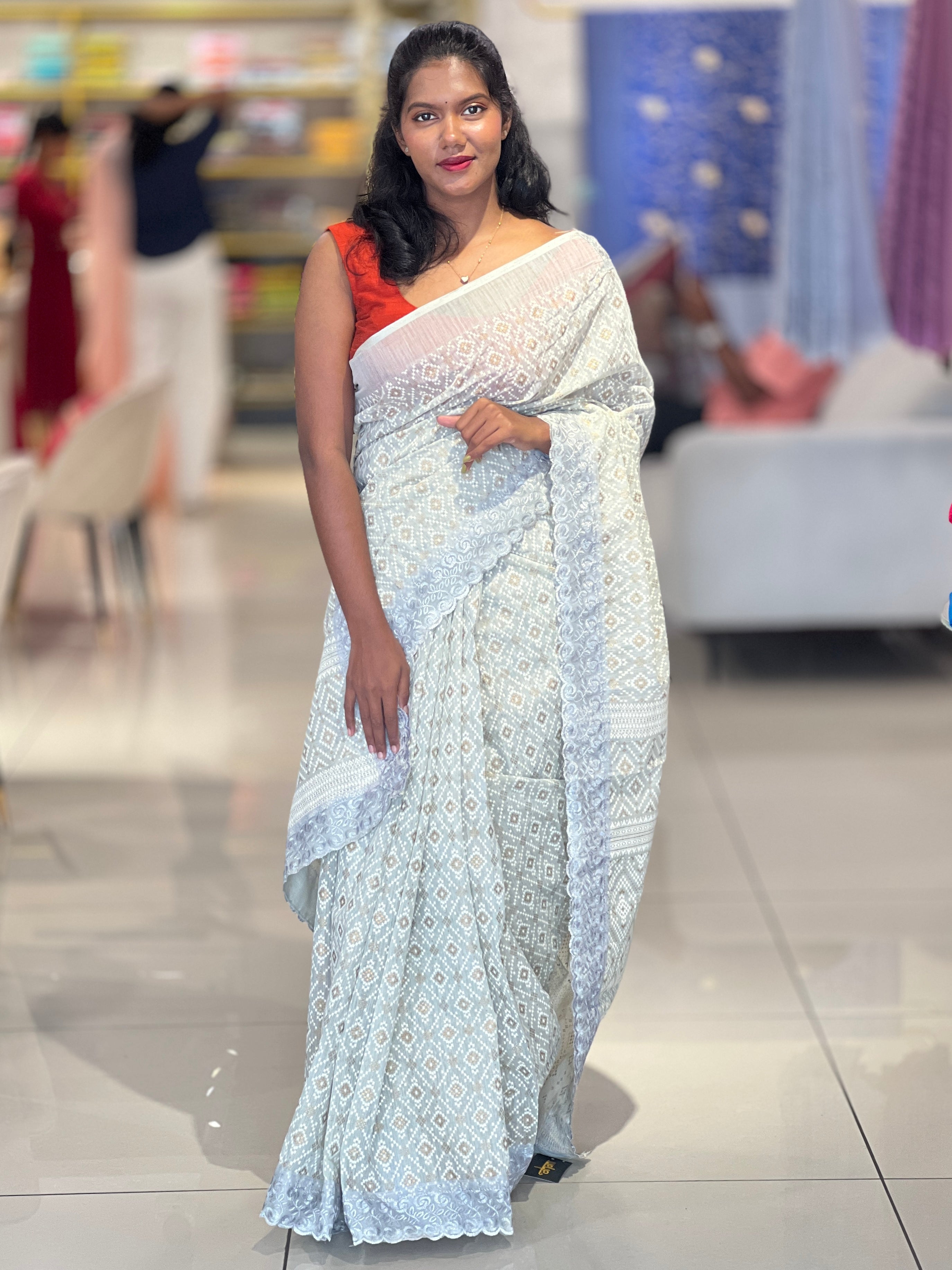 Foil Paint Highlight With Embroidery Detailed Cotton Linen Saree | VDA140