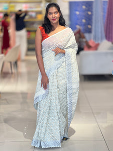 Foil Paint Highlight With Embroidery Detailed Cotton Linen Saree | VDA140