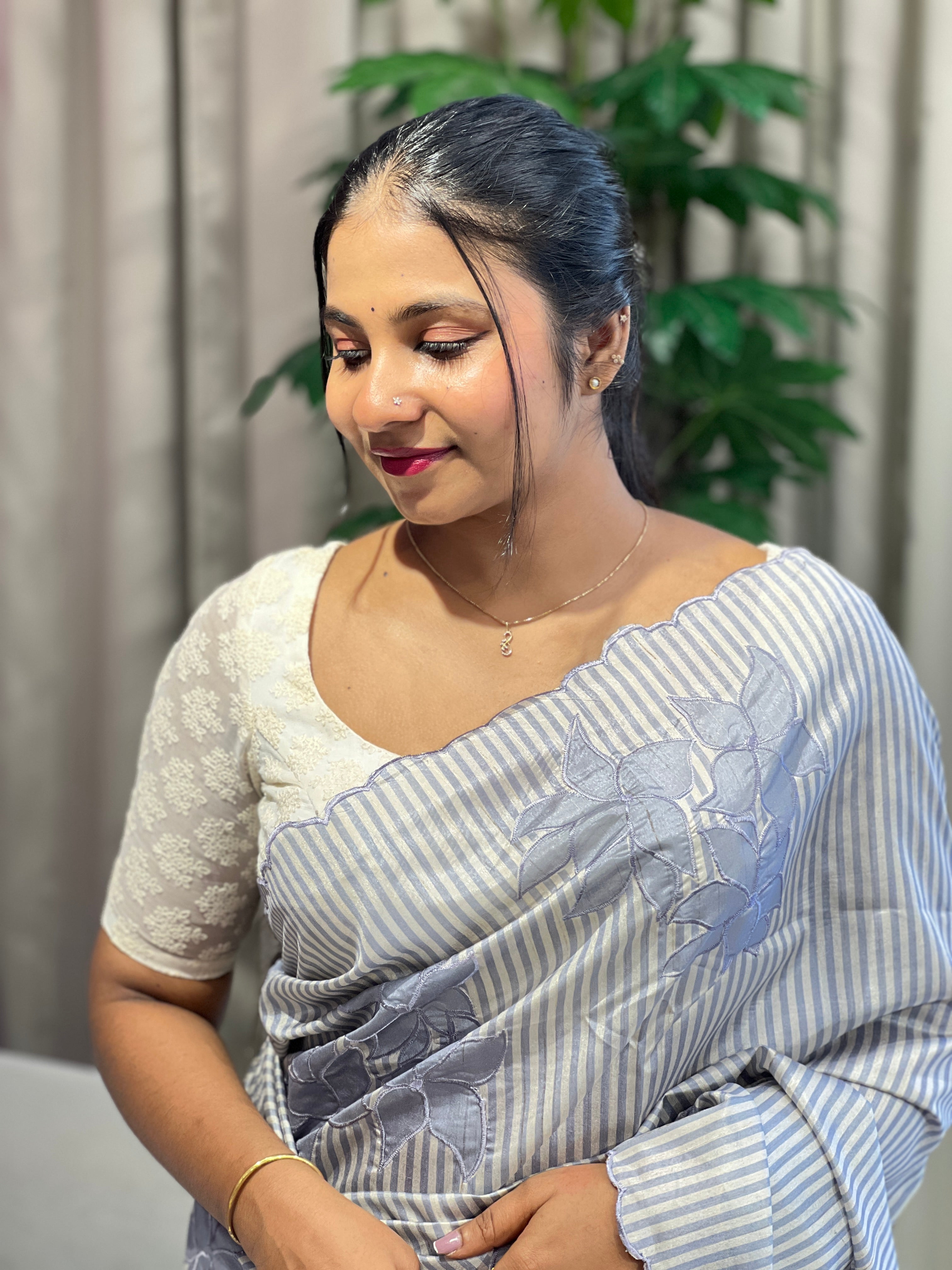 Floral Applique Placement Detailed Semi Tussar Saree | HT269