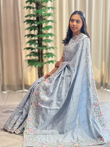 Floral Machine Embroidery Semi Tussar Saree | DVS215